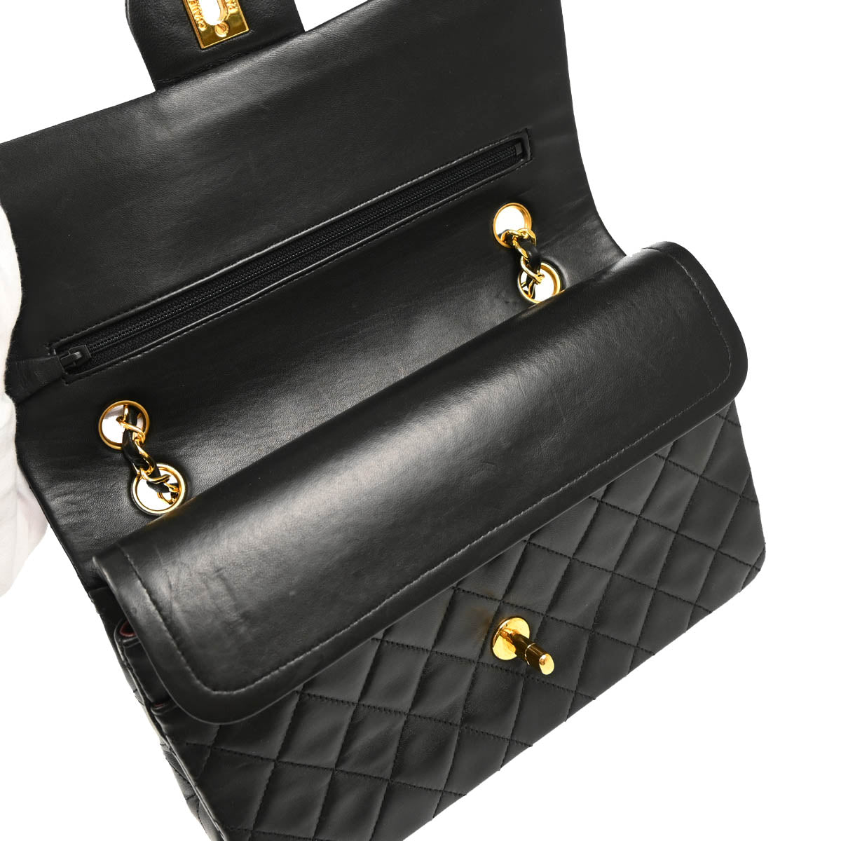 Chanel 1989-1991 Black Lambskin Medium Classic Double Flap Shoulder Bag