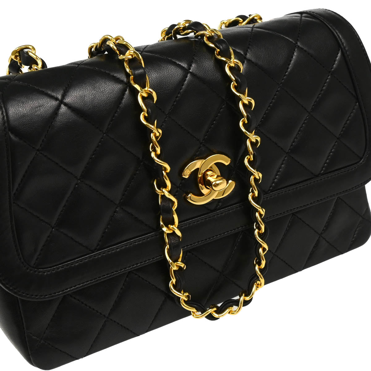 Chanel 1989-1991 Black Lambskin Chain Shoulder Bag