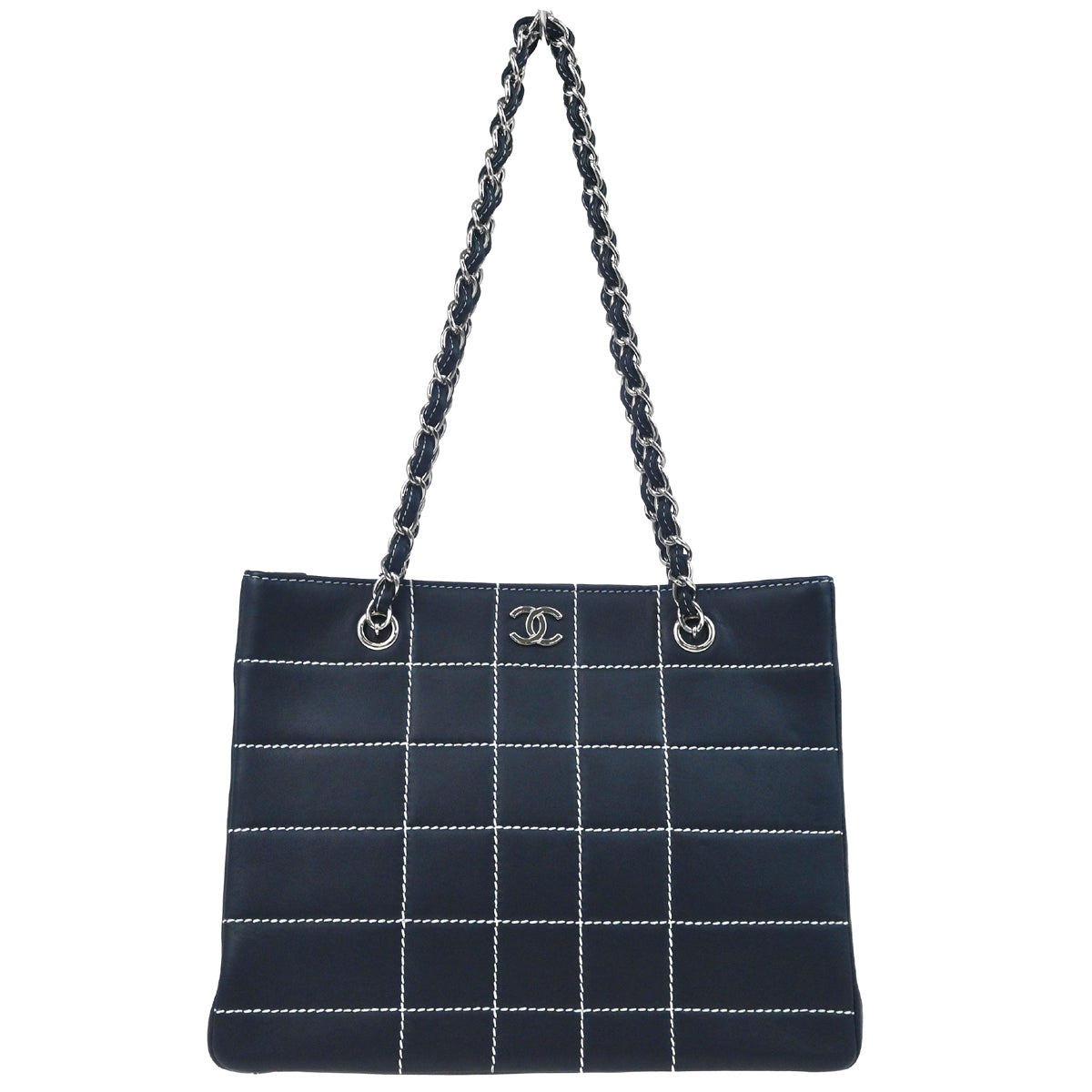 Chanel 2002-2003 Black Calfskin Wild Stitch Choco Bar Chain Tote Handbag