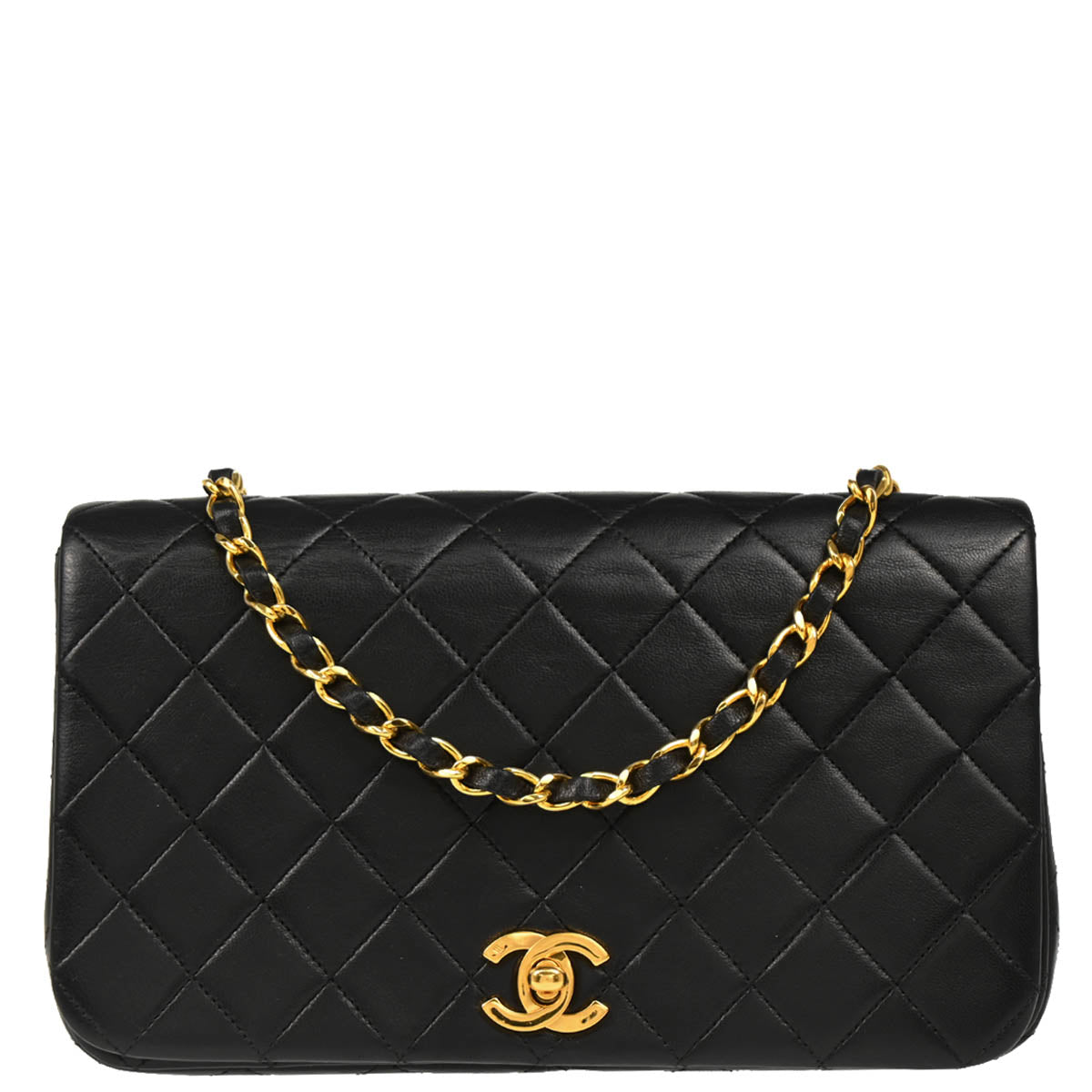 Chanel 1989-1991 Black Lambskin Turnlock Small Full Flap Shoulder Bag
