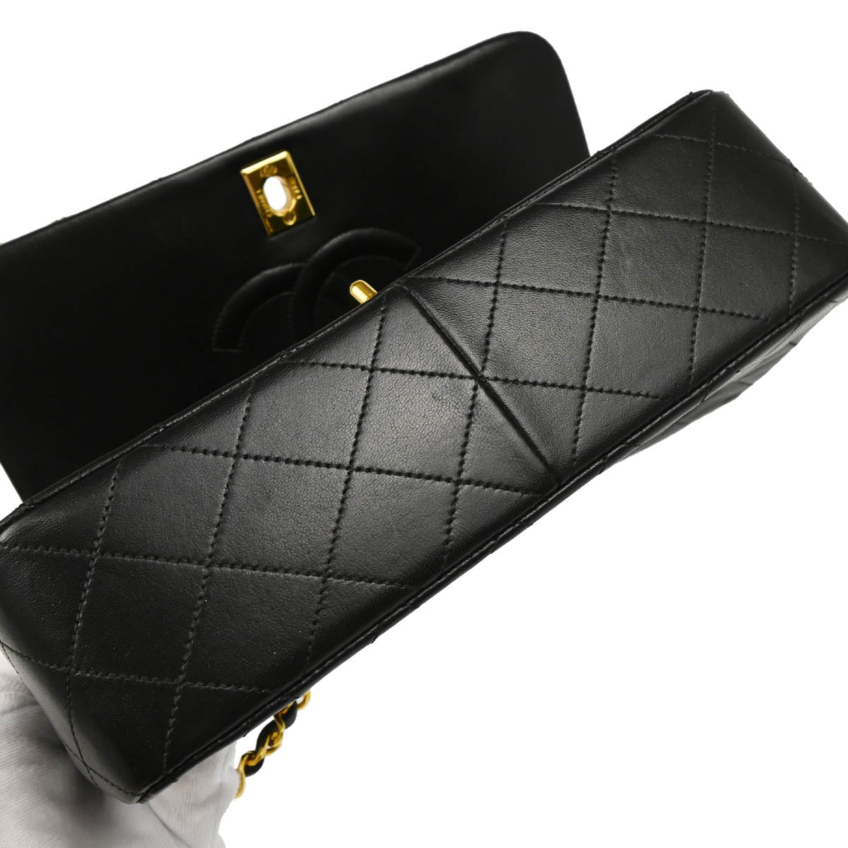 Chanel 1989-1991 Black Lambskin Turnlock Small Full Flap Shoulder Bag
