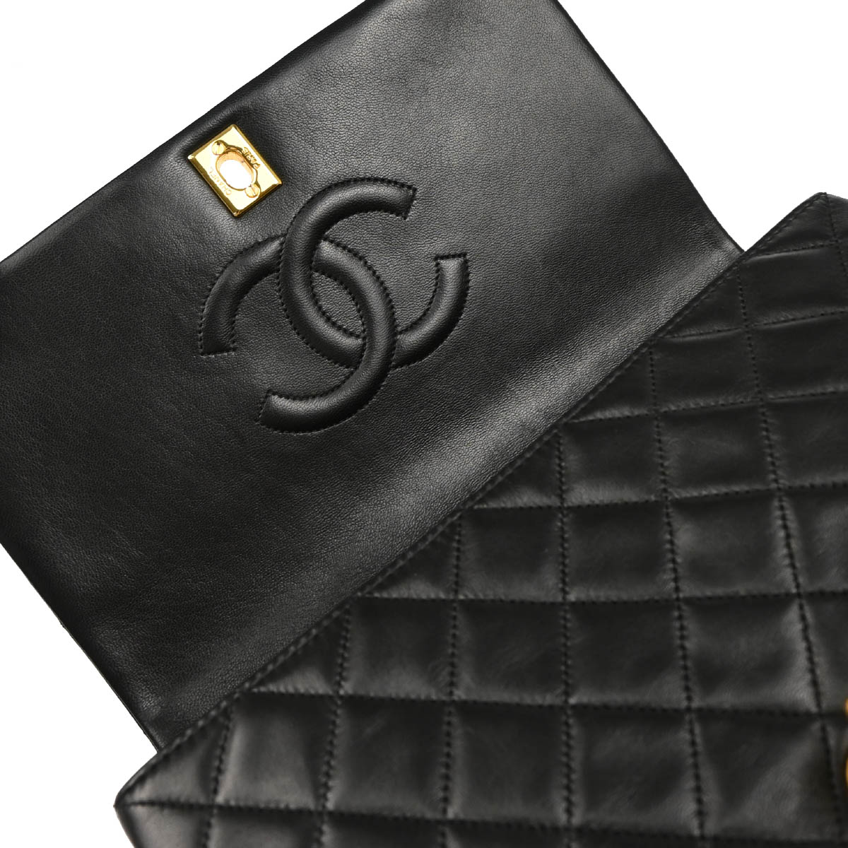 Chanel 1989-1991 Black Lambskin Turnlock Small Full Flap Shoulder Bag