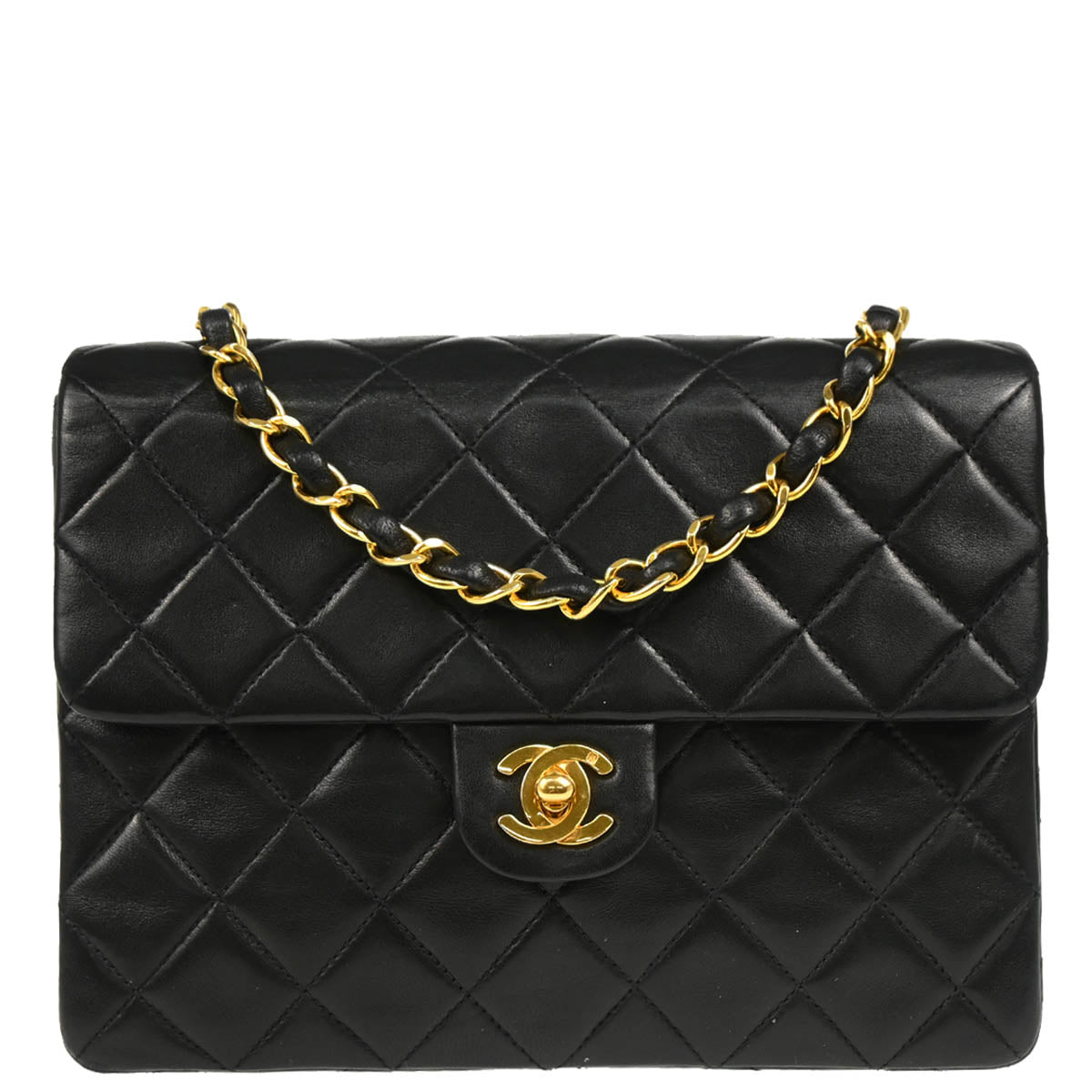 Chanel 1991-1994 Black Lambskin Classic Square Flap Shoulder Bag 20
