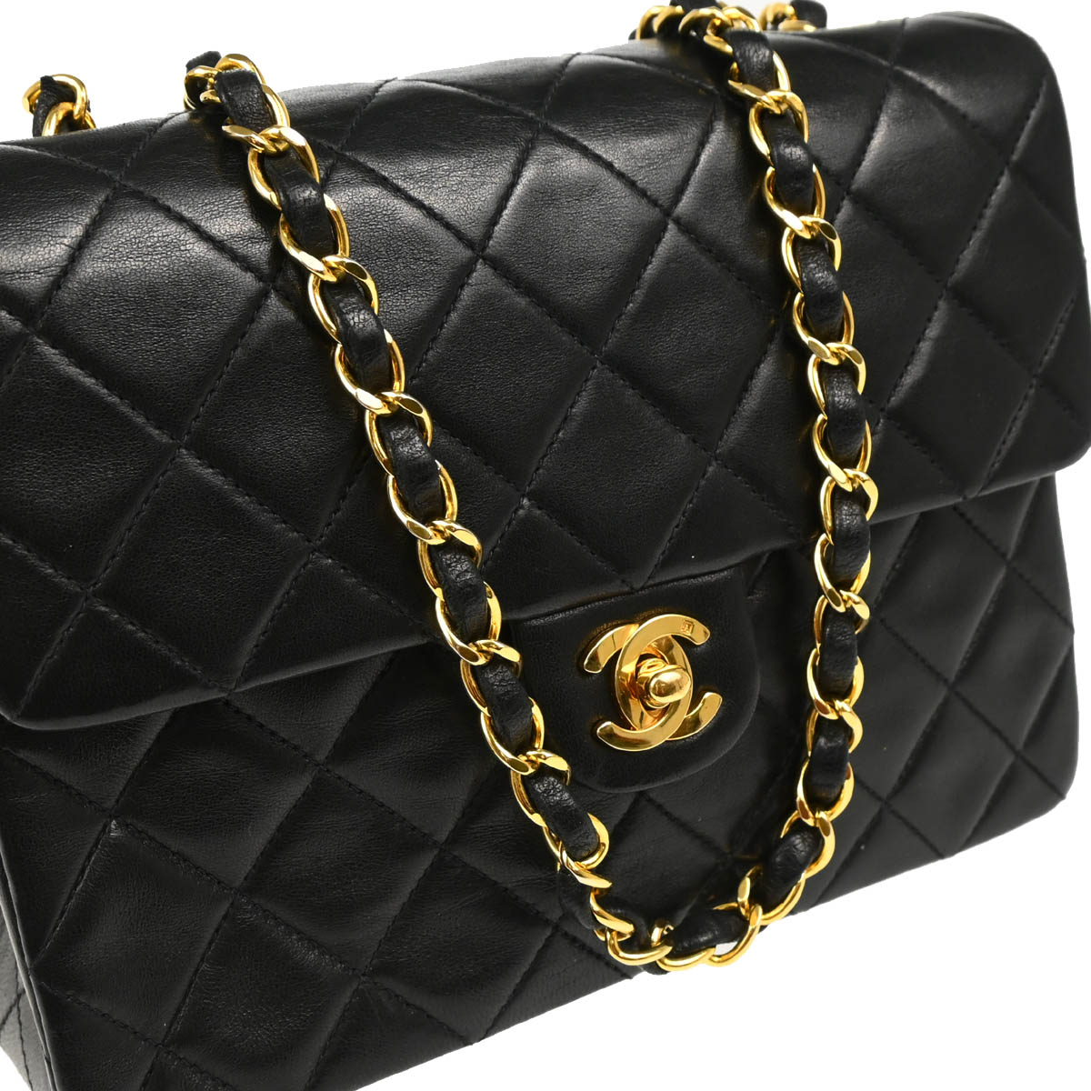 Chanel 1991-1994 Black Lambskin Classic Square Flap Shoulder Bag 20