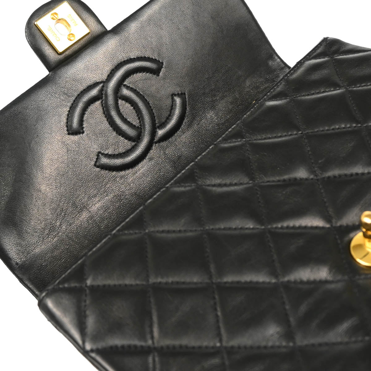 Chanel 1991-1994 Black Lambskin Classic Square Flap Shoulder Bag 20