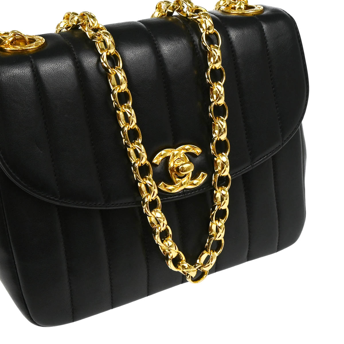 Chanel 1991-1994 Black Lambskin Mademoiselle Chain Shoulder Bag