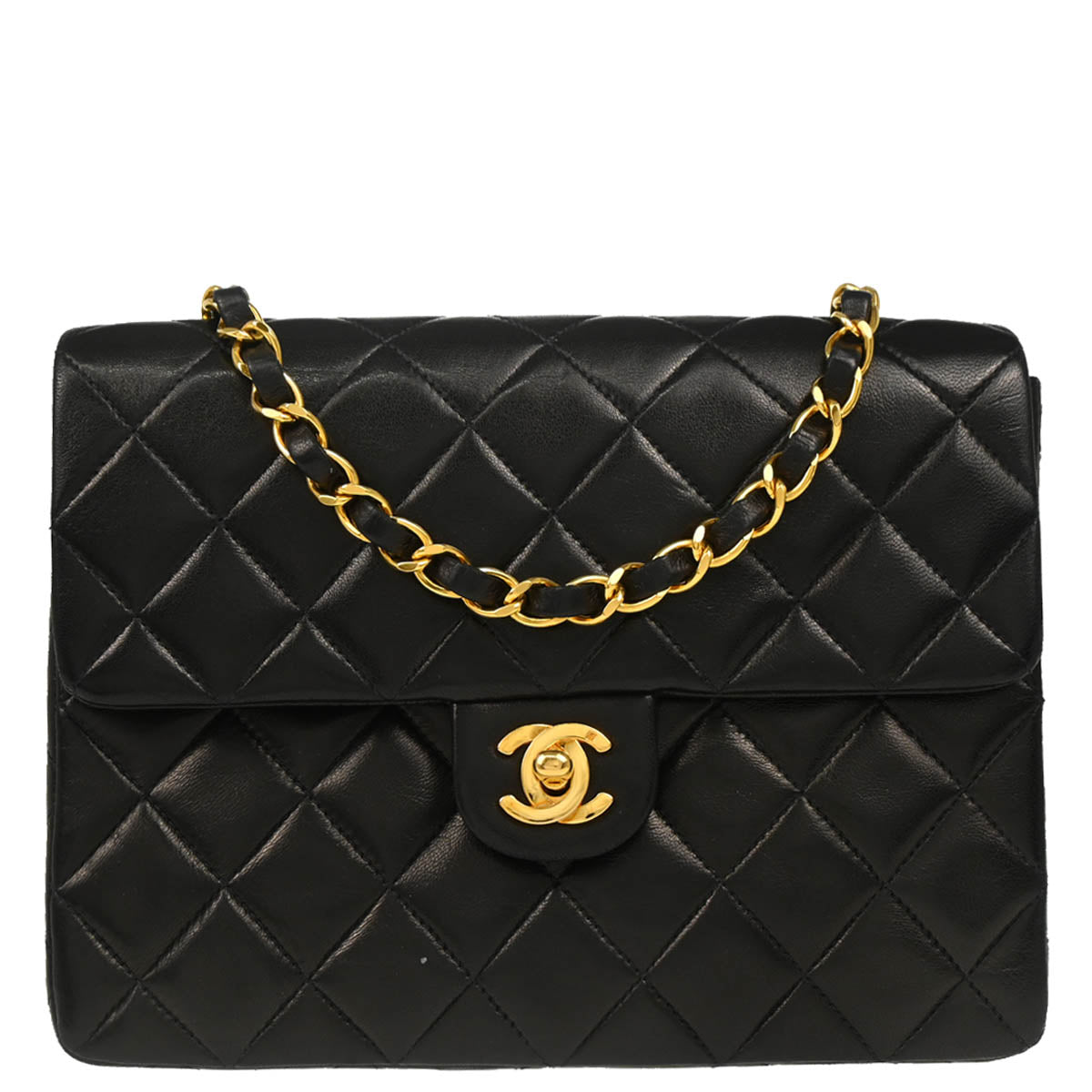 Chanel 1991-1994 Black Lambskin Classic Square Flap Shoulder Bag 20