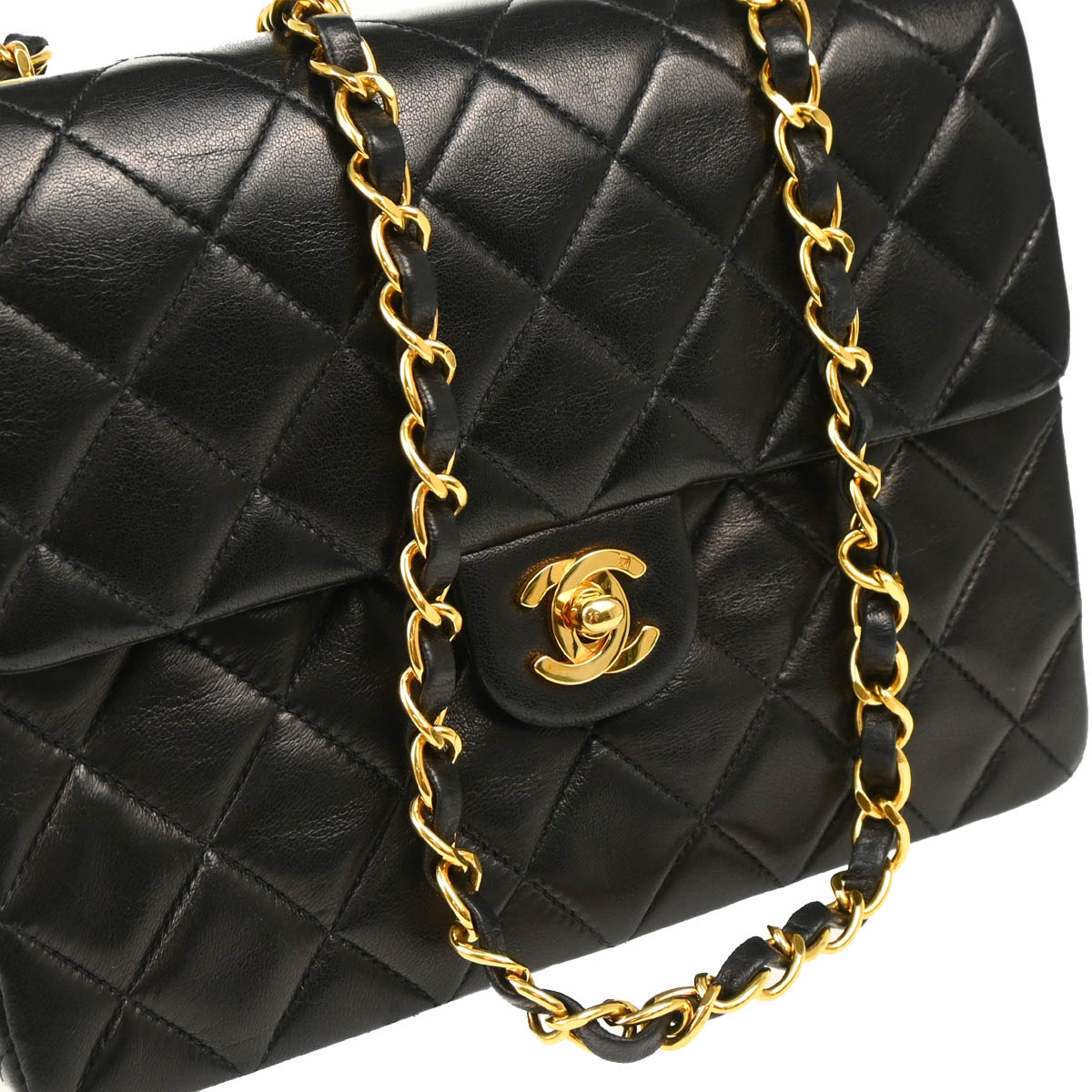 Chanel 1991-1994 Black Lambskin Classic Square Flap Shoulder Bag 20