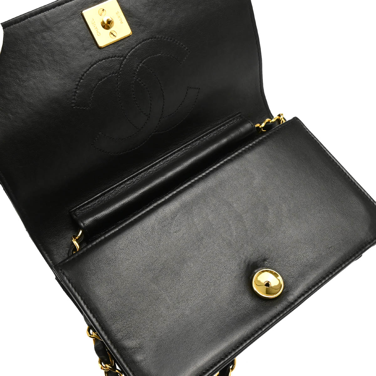 Chanel 1997-1999 Black Lambskin Pushlock Mini Full Flap Shoulder Bag