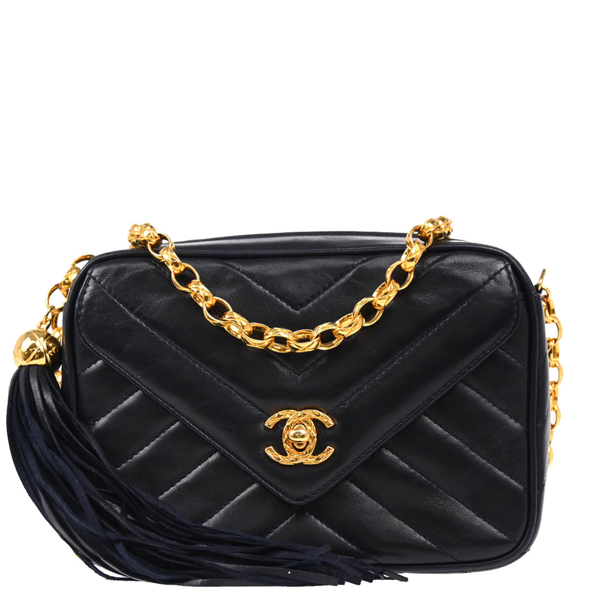 Chanel 1991-1994 Navy Lambskin Chevron Camera Bag Mini