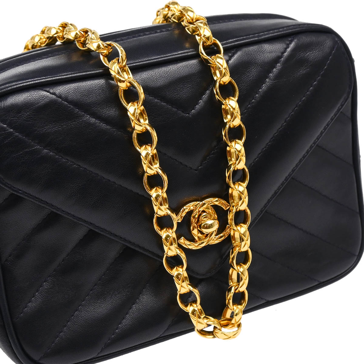 Chanel 1991-1994 Navy Lambskin Chevron Camera Bag Mini