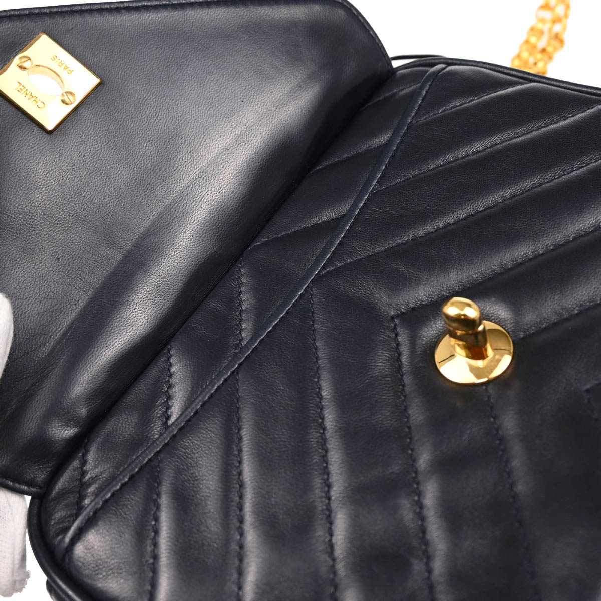 Chanel 1991-1994 Navy Lambskin Chevron Camera Bag Mini
