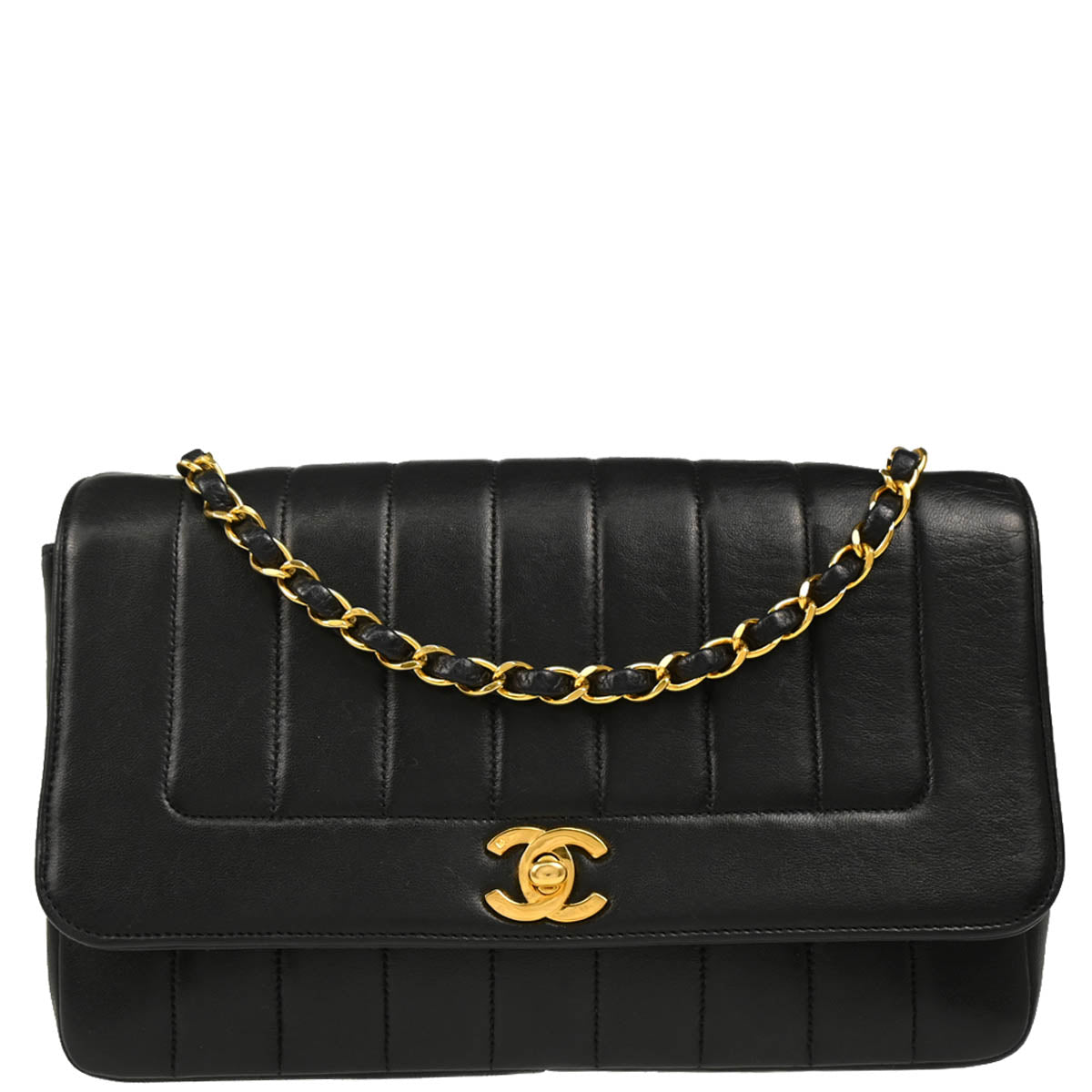 Chanel 1991-1994 Black Lambskin Mademoiselle Single Flap Shoulder Bag