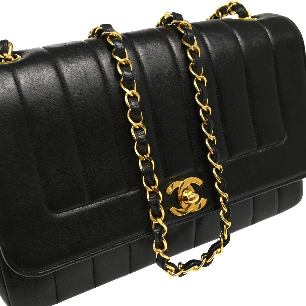 Chanel 1991-1994 Black Lambskin Mademoiselle Single Flap Shoulder Bag