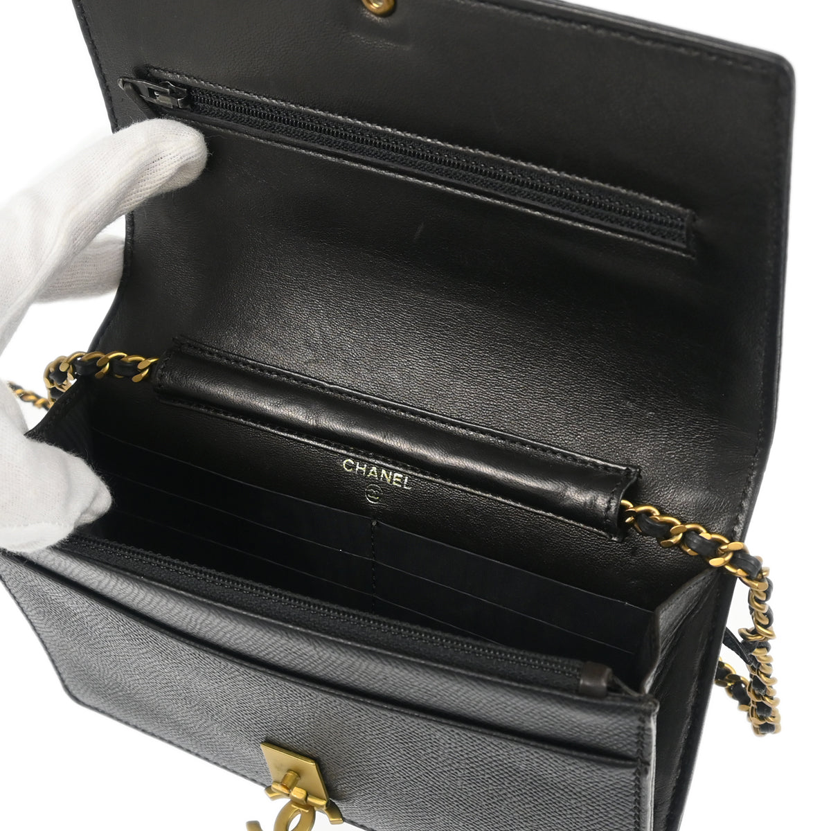 Chanel 1997-1999 Black Caviar  WOC Chain Shoulder Wallet Bag