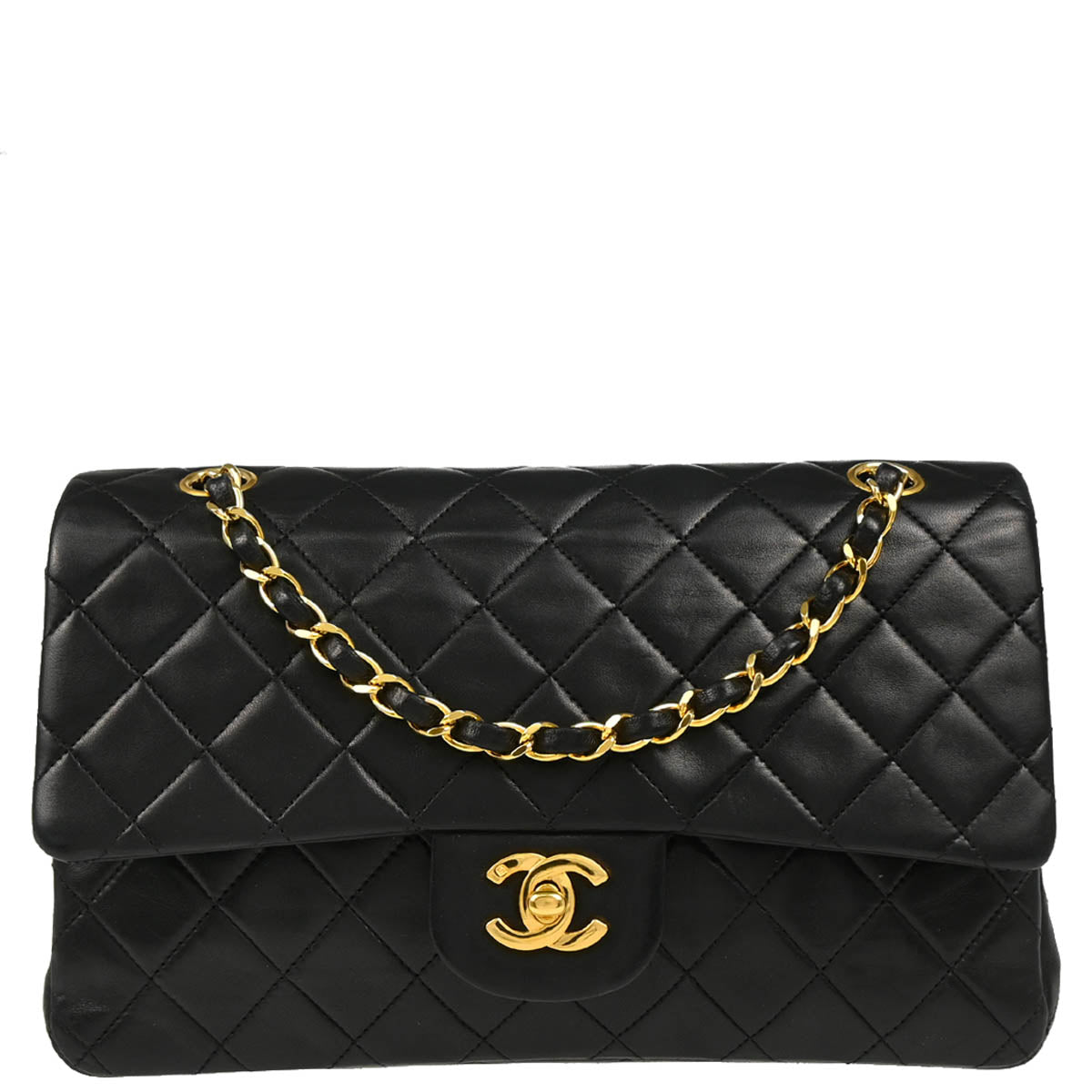 Chanel 1989-1991 Black Lambskin Medium Classic Double Flap Shoulder Bag