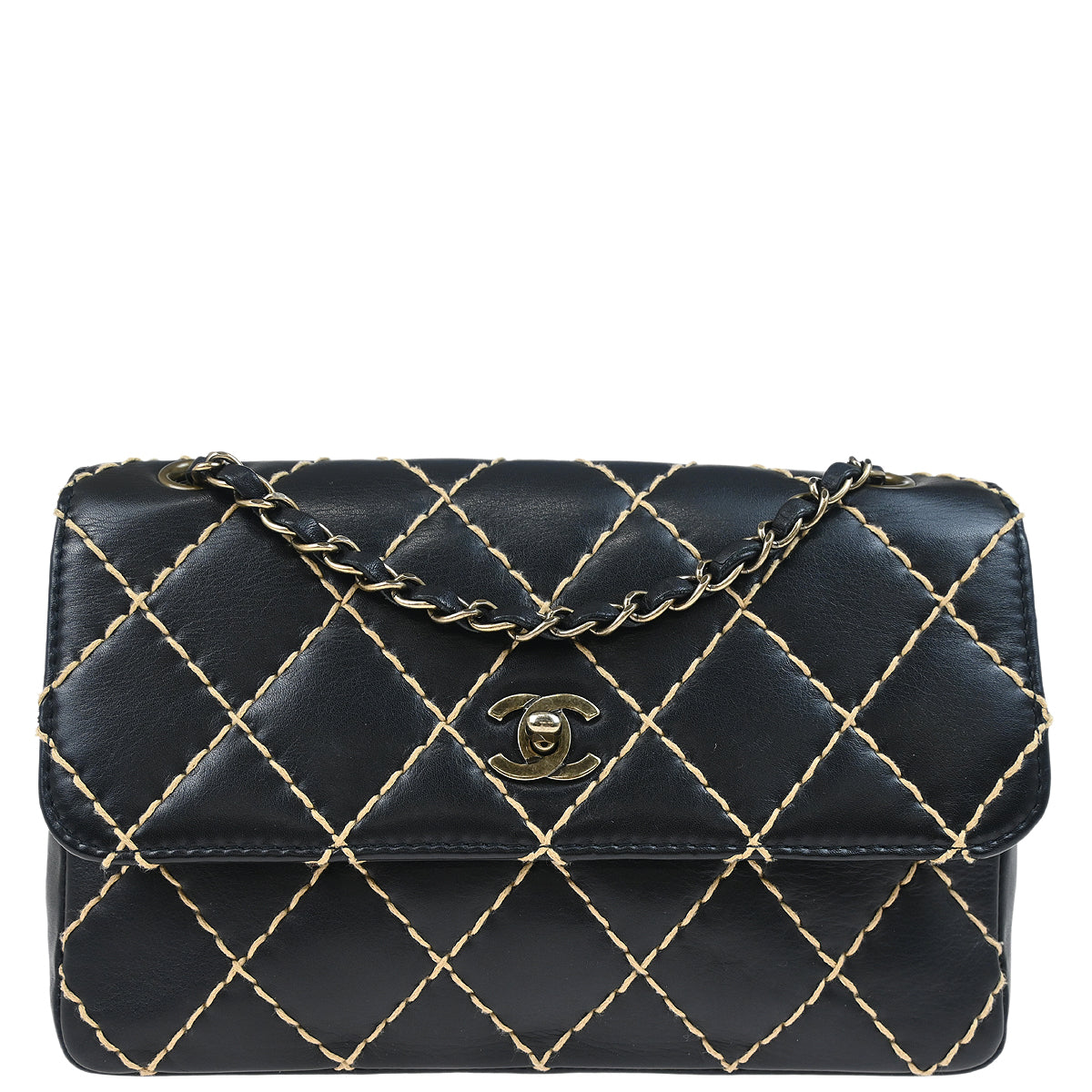 Chanel 2000-2002 Black Calfskin Wild Stitch Single Flap Shoulder Bag