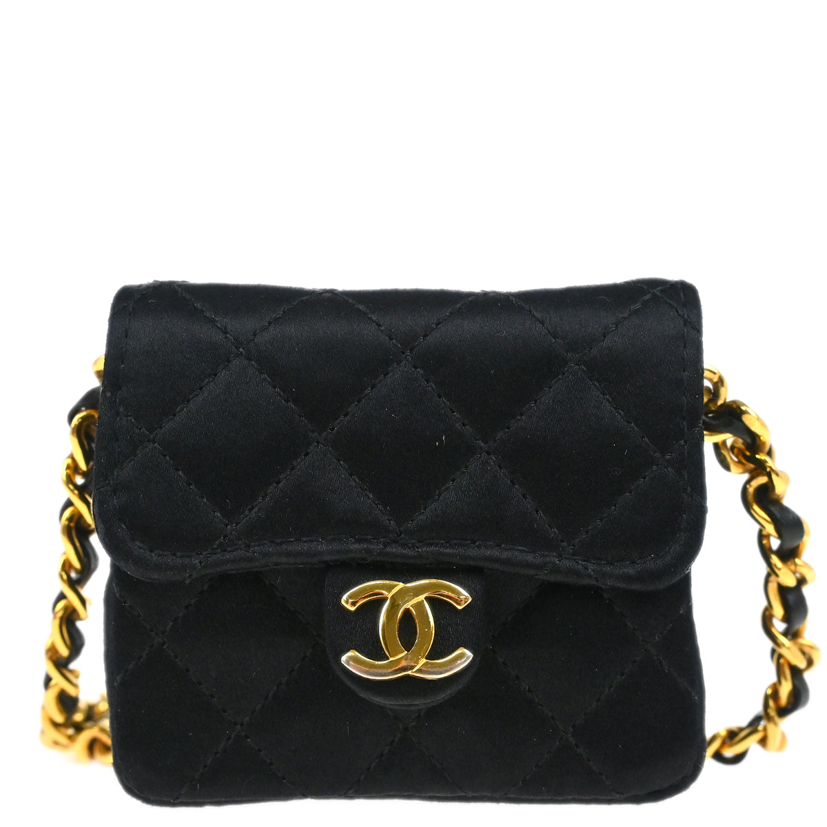 Chanel 1989-1991 Black Satin Classic Flap Micro Chain Shoulder Bag