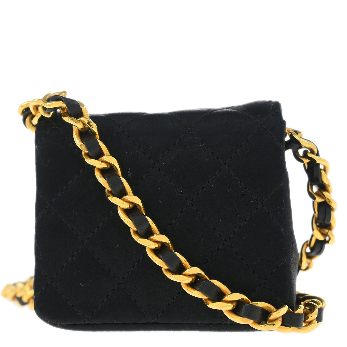 Chanel 1989-1991 Black Satin Classic Flap Micro Chain Shoulder Bag
