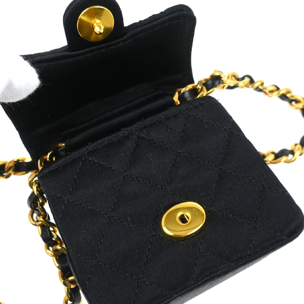 Chanel 1989-1991 Black Satin Classic Flap Micro Chain Shoulder Bag