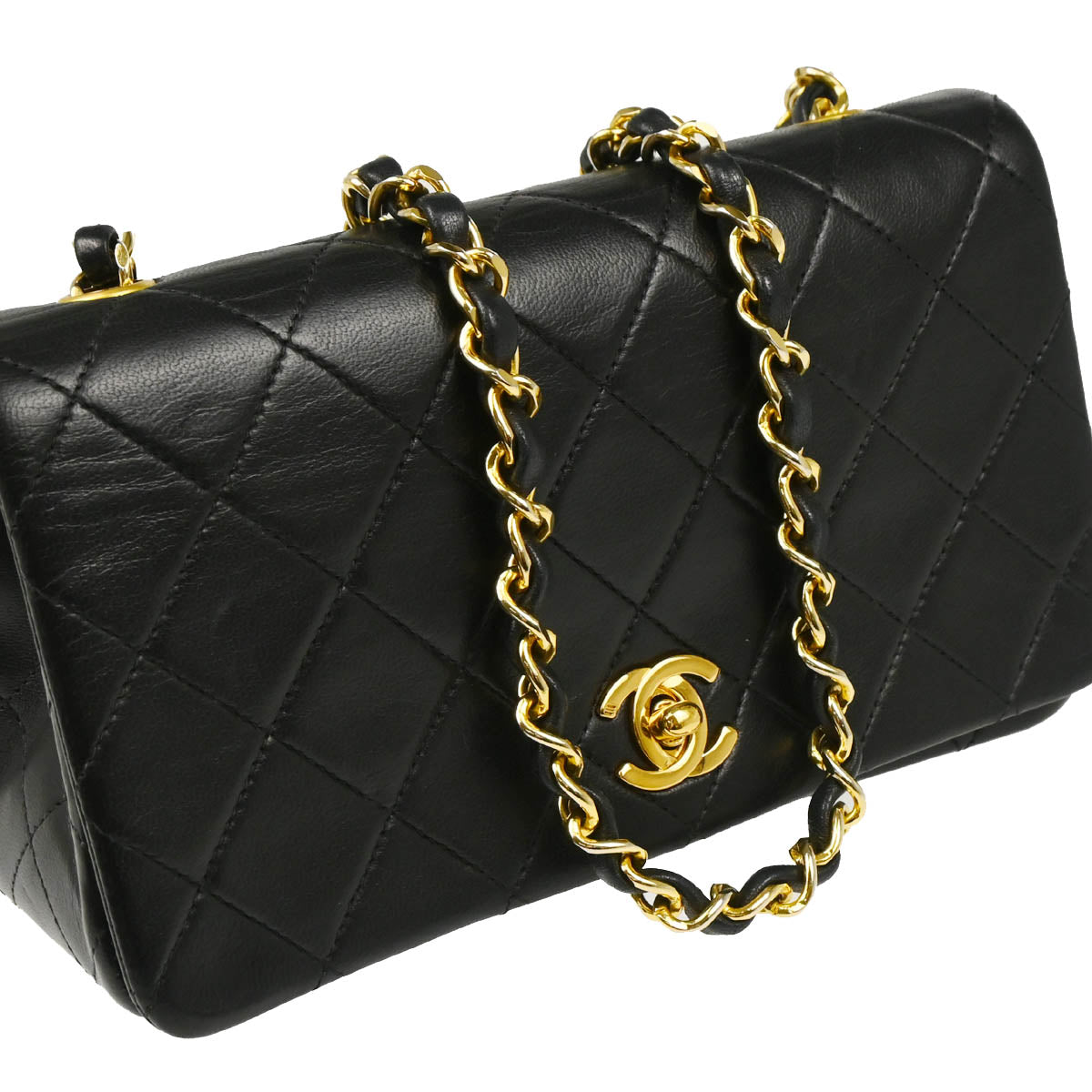 Chanel 1989-1991 Black Lambskin Turnlock Mini Full Flap Shoulder Bag