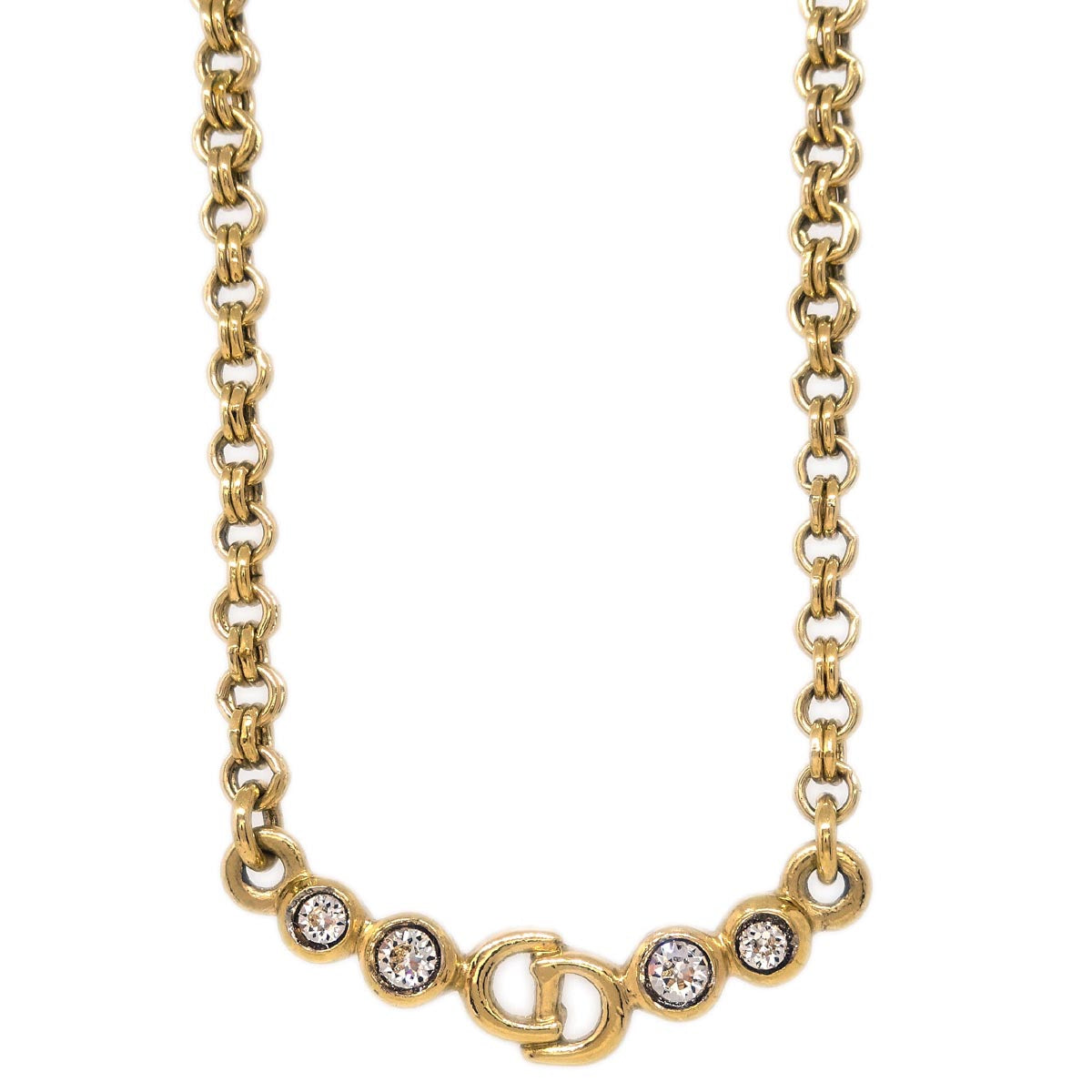 Christian Dior Chain Necklace Gold Rhinestone