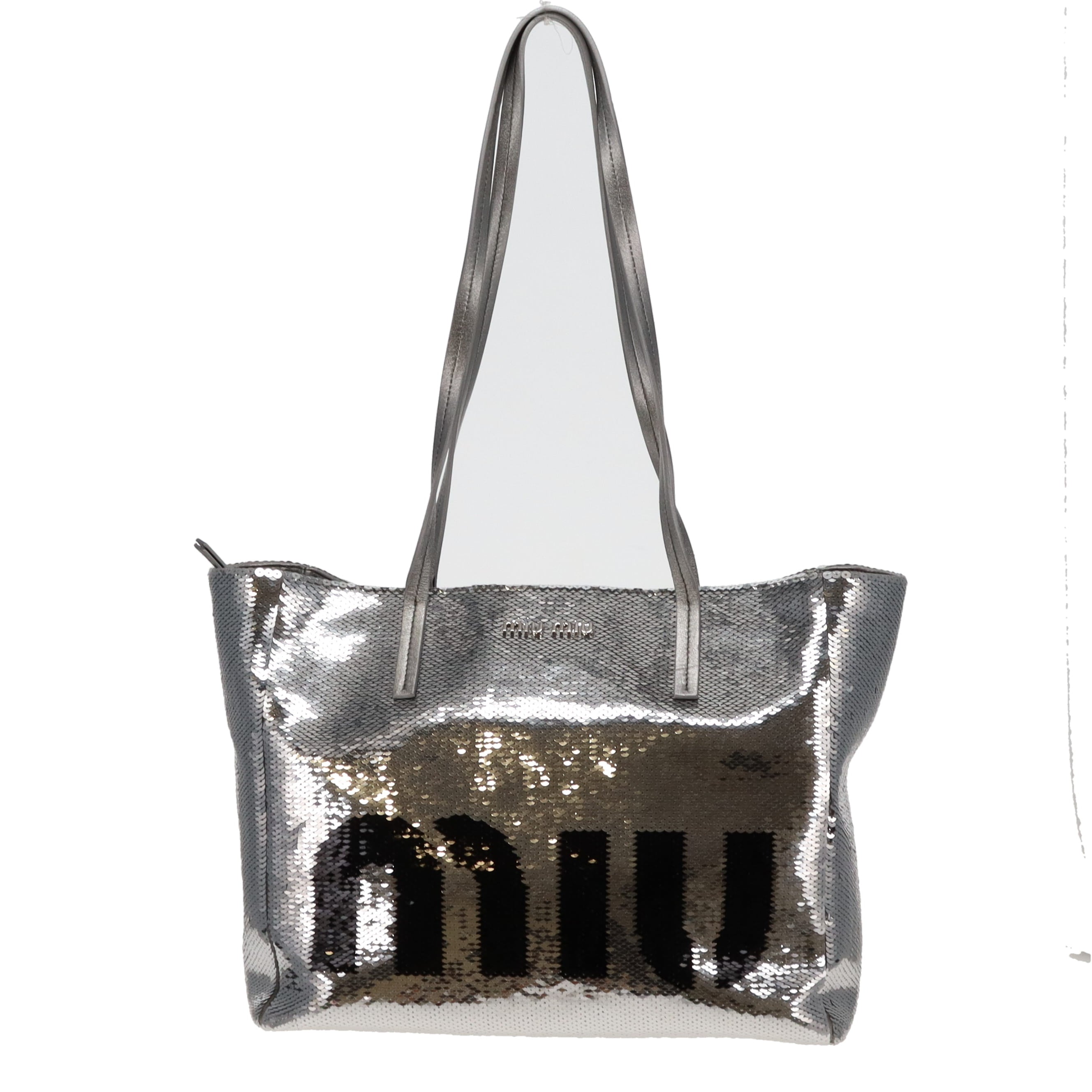 Miu Miu Silver and Black Logo Sequin Tote Bag