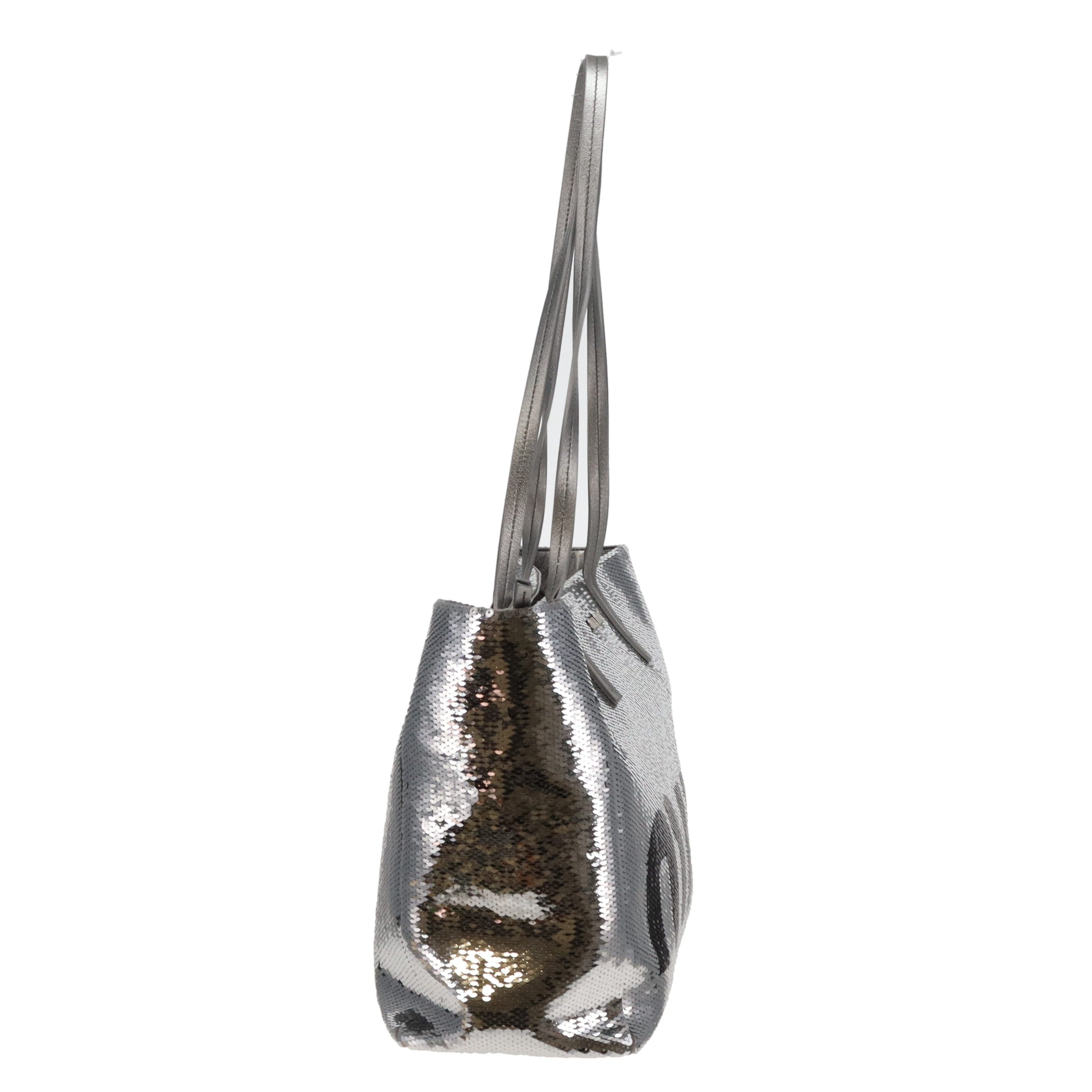 Miu Miu Silver and Black Logo Sequin Tote Bag