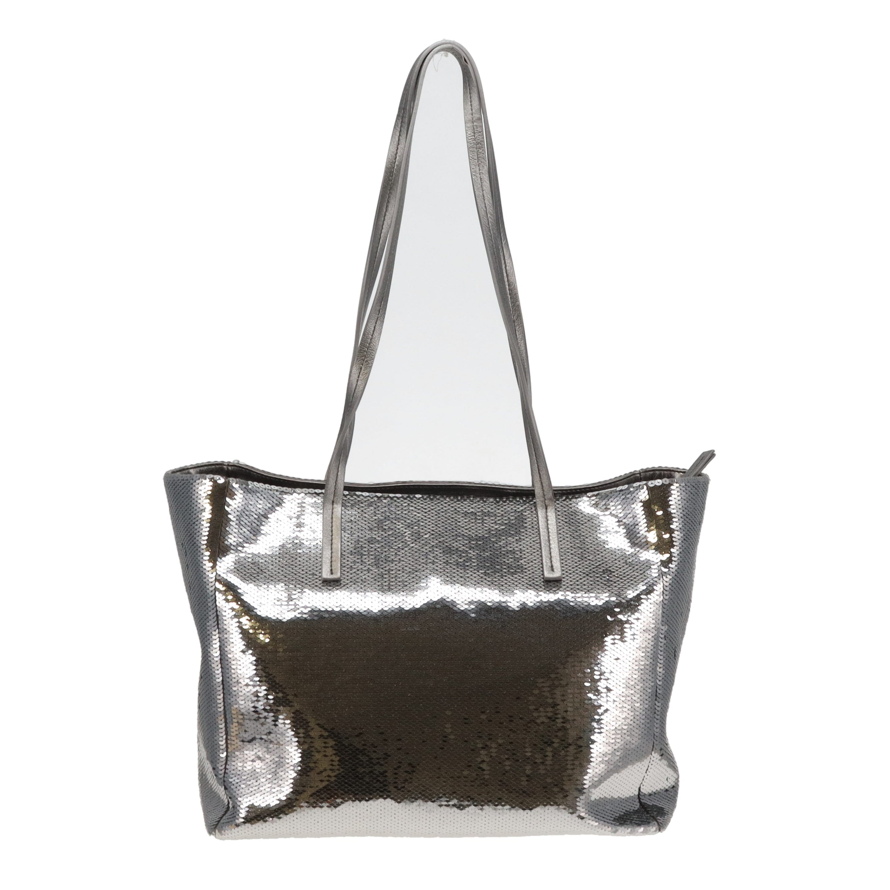 Miu Miu Silver and Black Logo Sequin Tote Bag