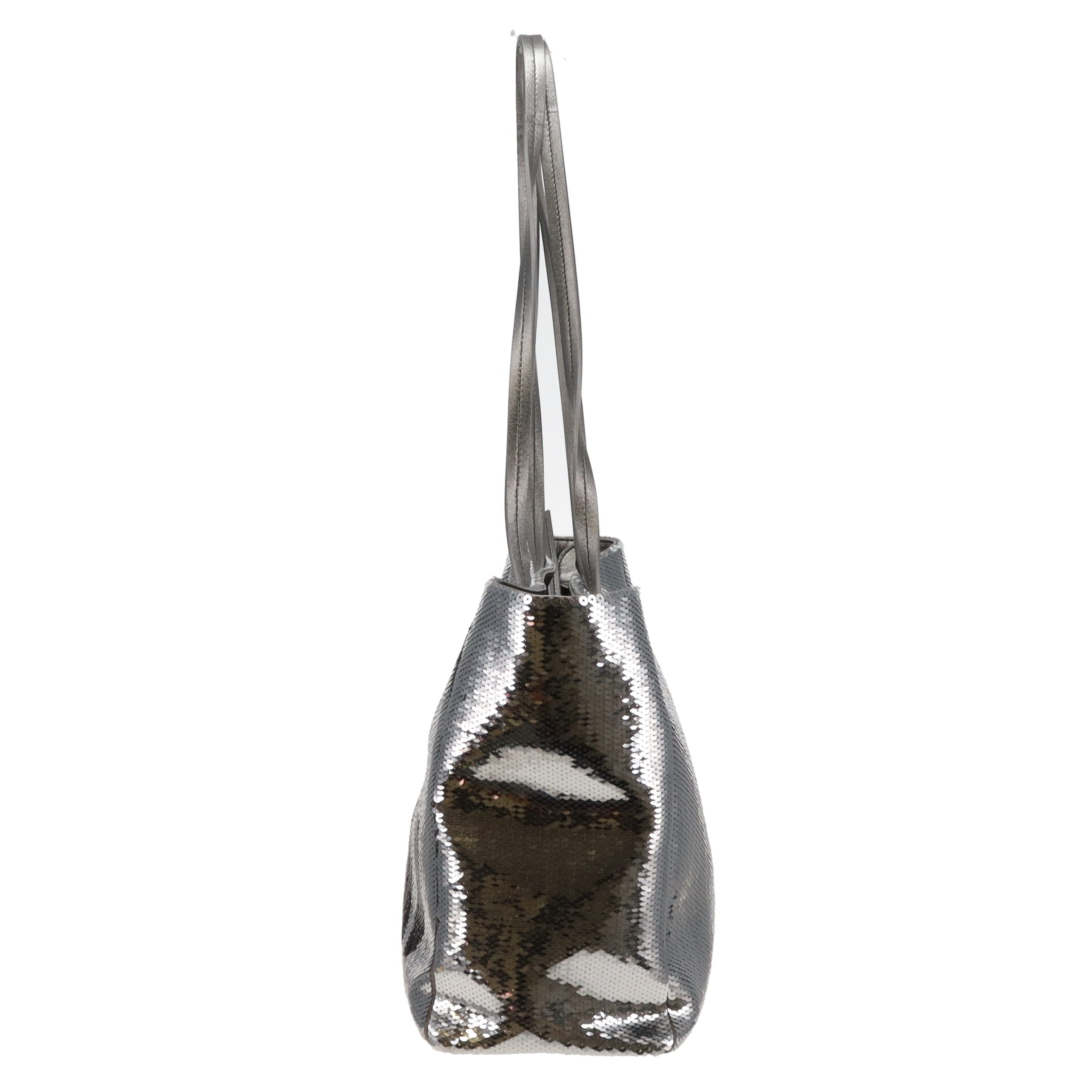 Miu Miu Silver and Black Logo Sequin Tote Bag