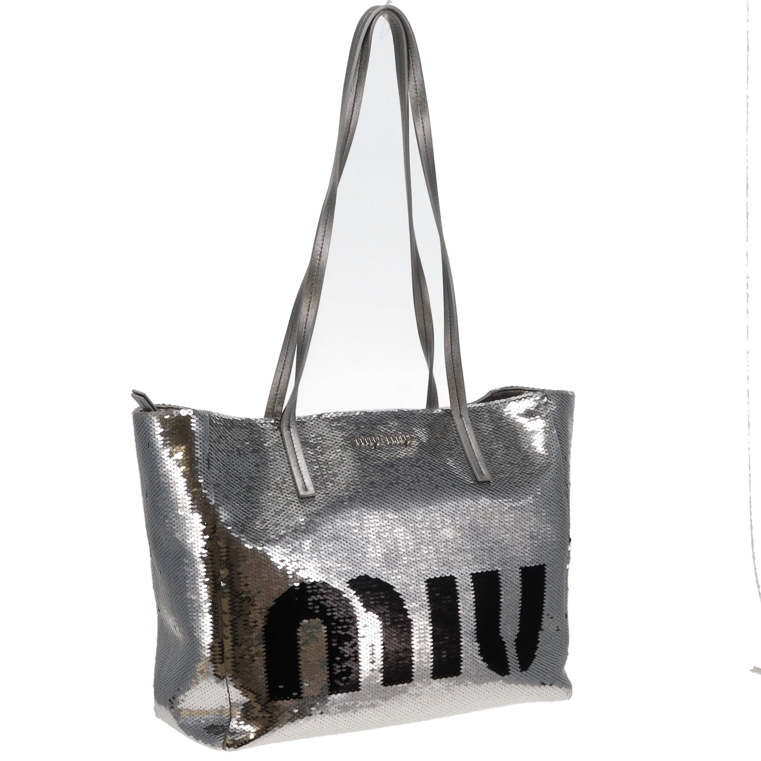 Miu Miu Silver and Black Logo Sequin Tote Bag