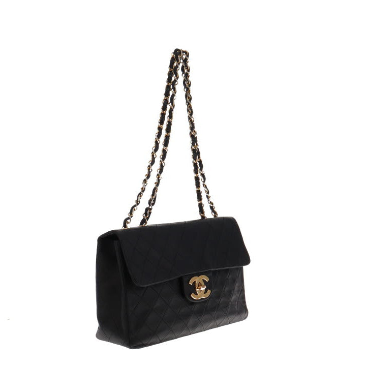 Chanel Black Lambskin Vintage Maxi Single Flap 24 Carat Gold CC