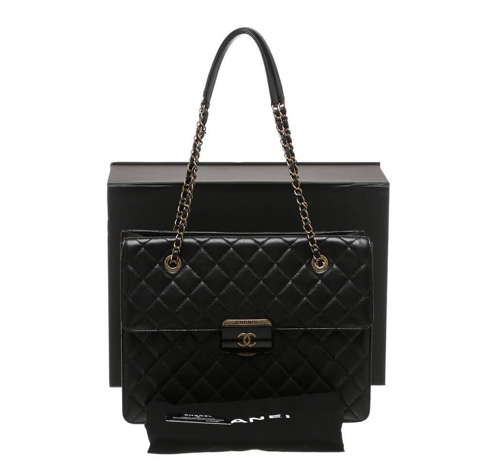 Chanel Quilted Tote Bag Black Lambskin