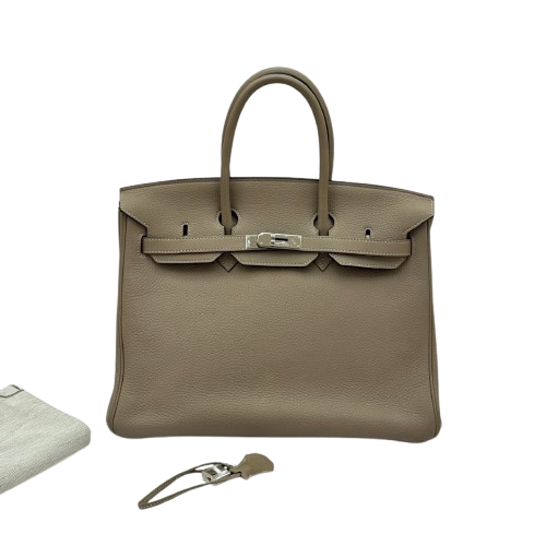 HERMES Clemence Leather Birkin 35 Silver Buckle Handbag Grey