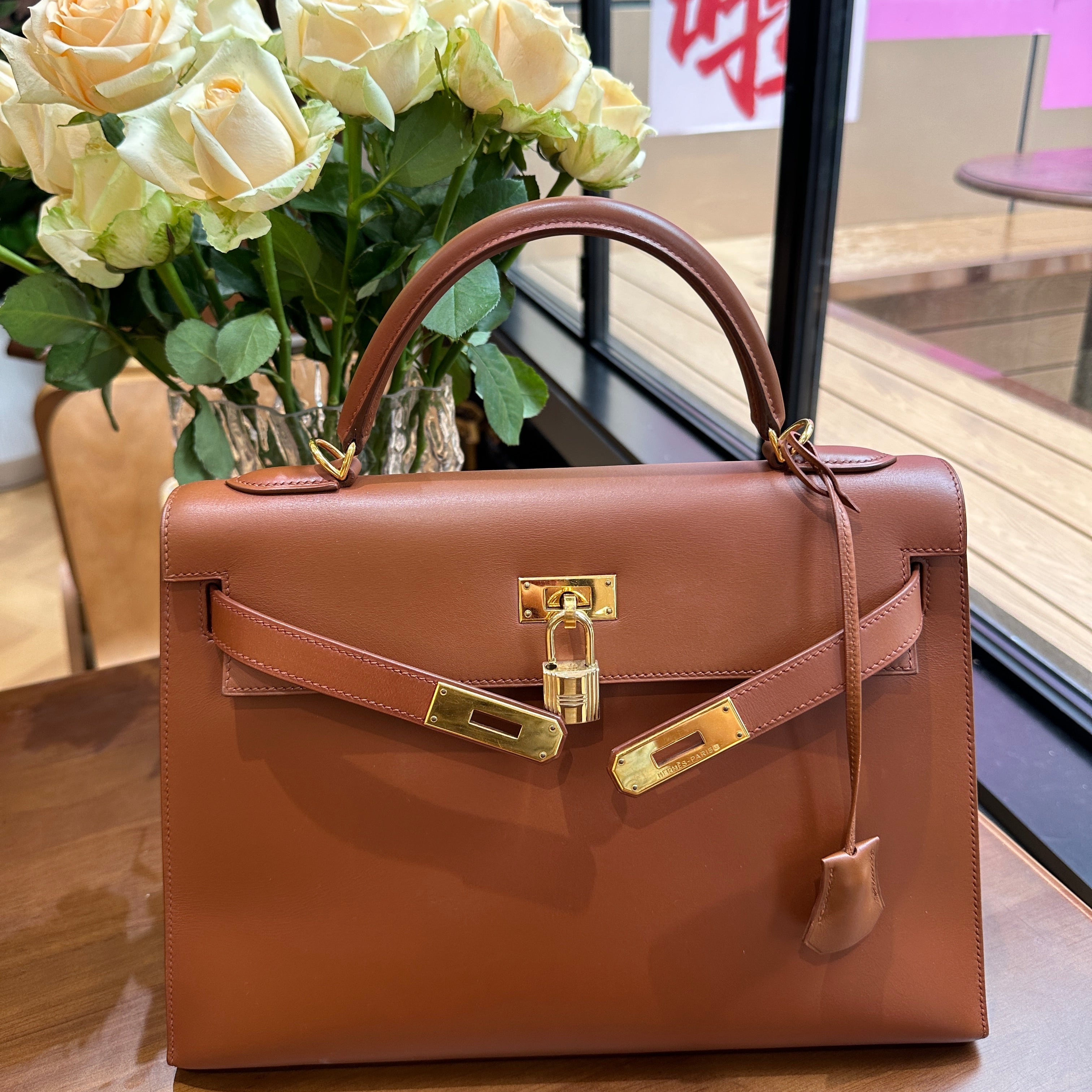 2001 Hermes Kelly 32 Gold Brown Double Ring External Seam Box Leather