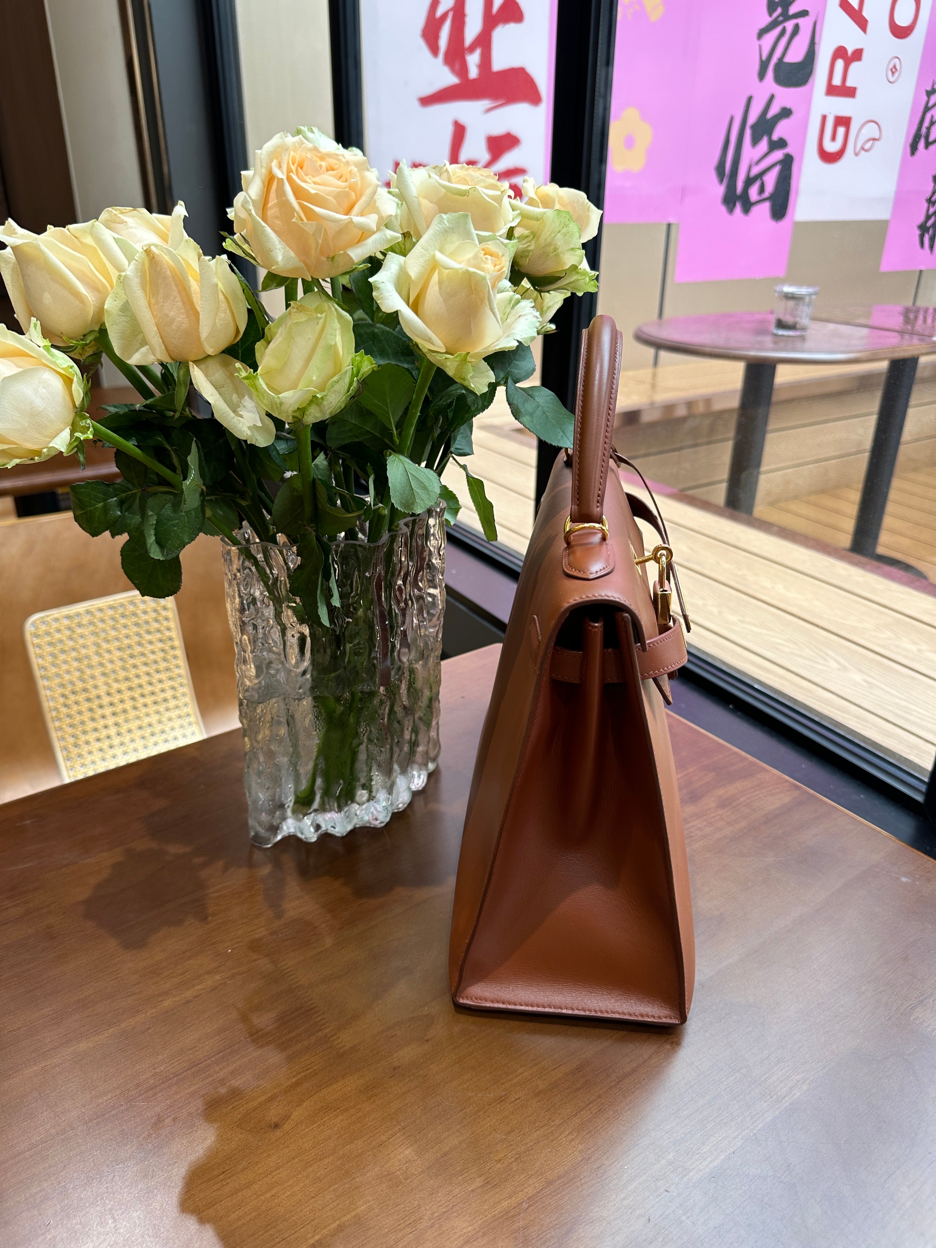 2001 Hermes Kelly 32 Gold Brown Double Ring External Seam Box Leather