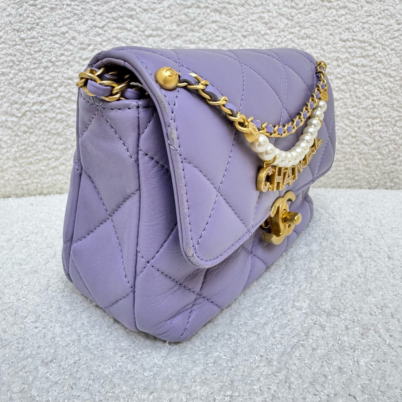 Chanel Mini Square Flap Bag – Purple with Letter Chain, Microchip Version