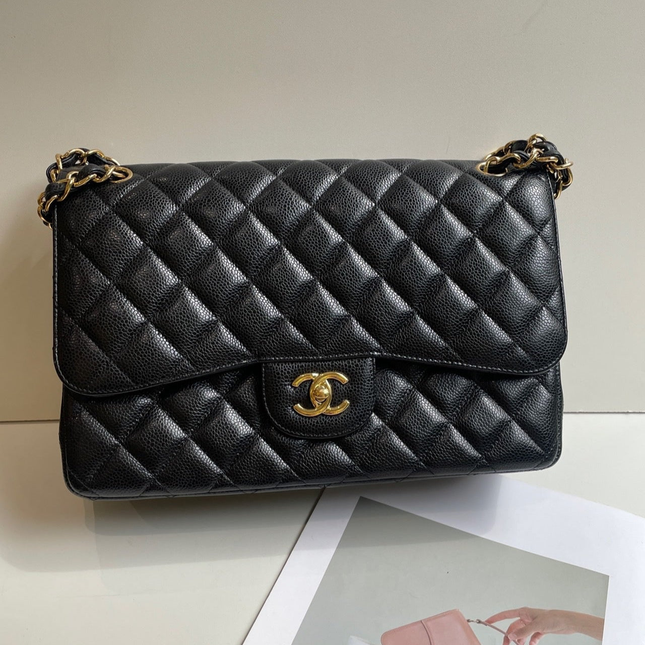 Chanel Classic Flap Bag CF Black Gold Jumbo Flap Bag