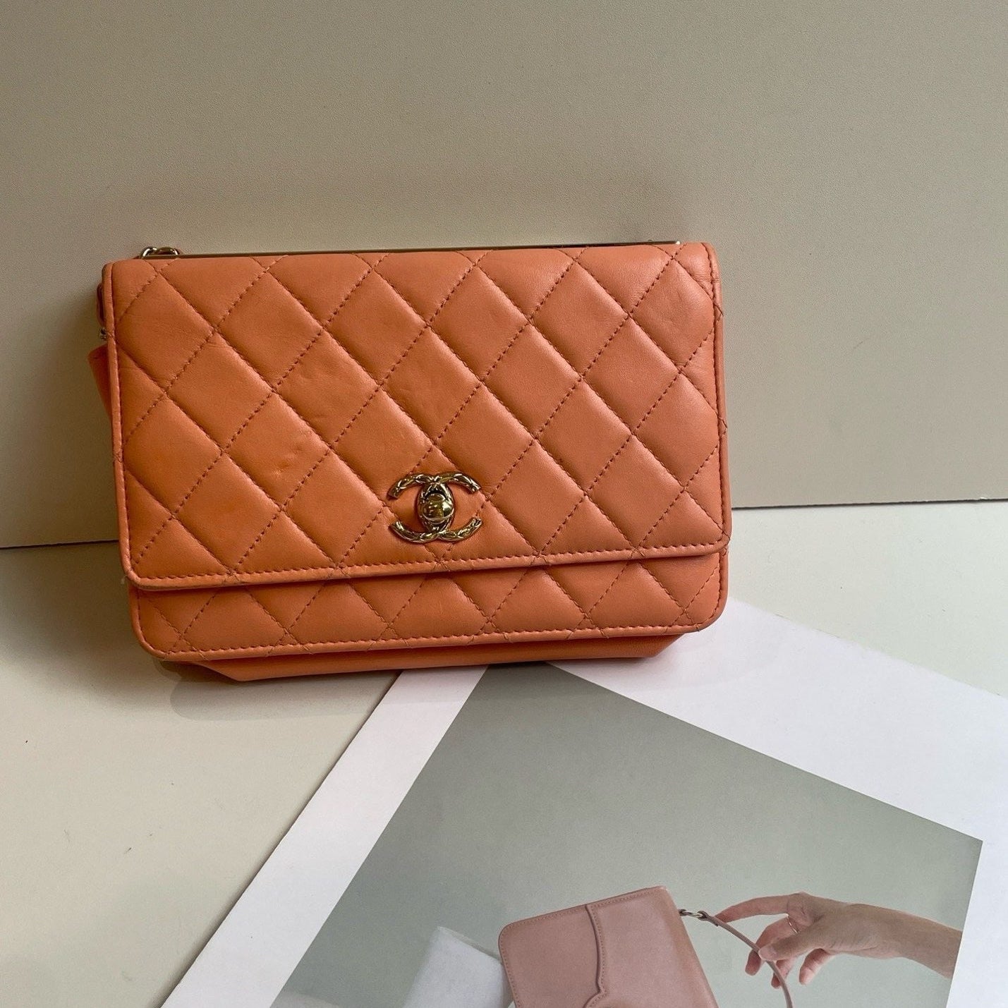 Chanel Orange Lambskin Lacquered Quilted Trendy CC Wallet Chain Bag