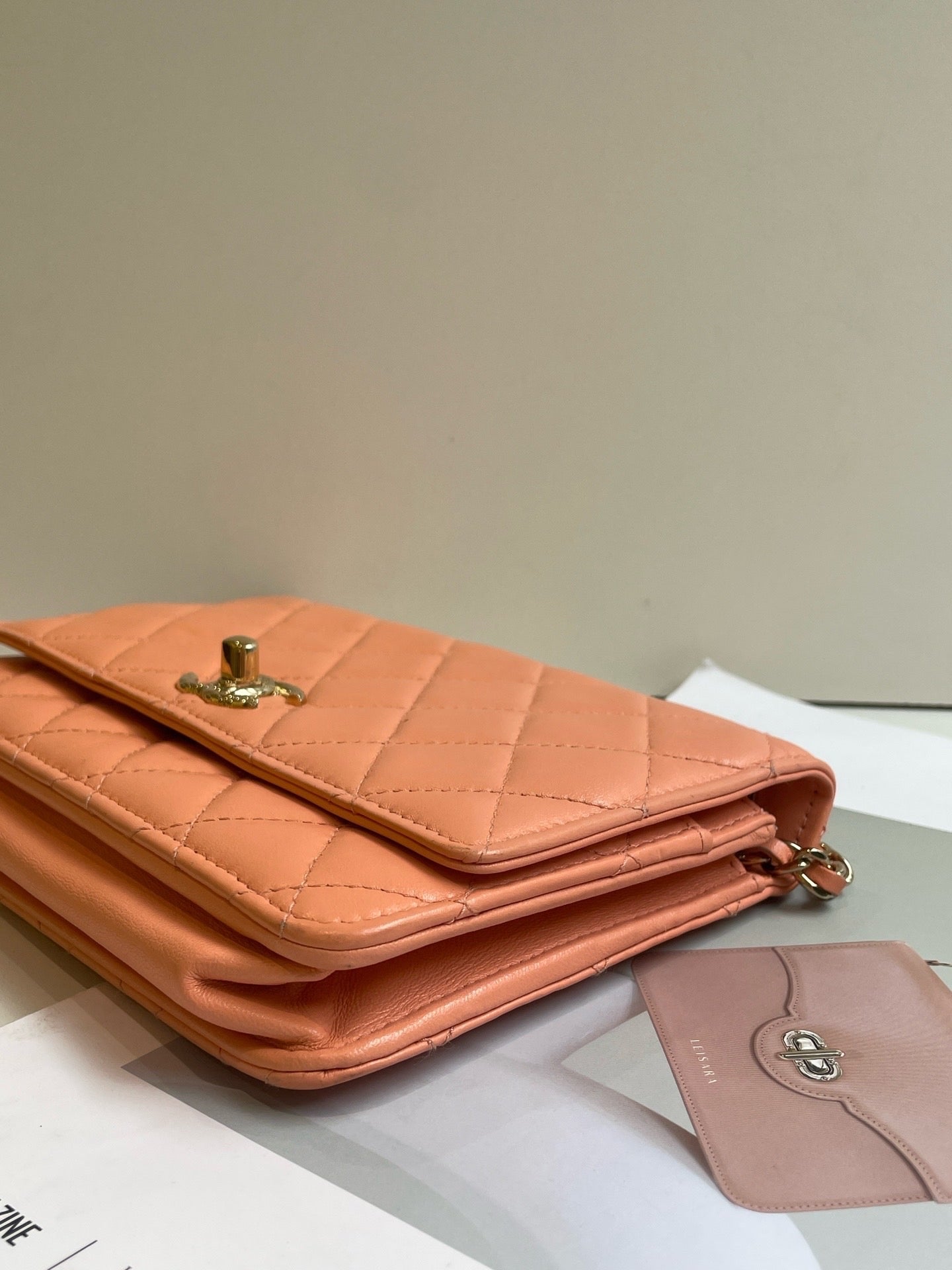 Chanel Orange Lambskin Lacquered Quilted Trendy CC Wallet Chain Bag