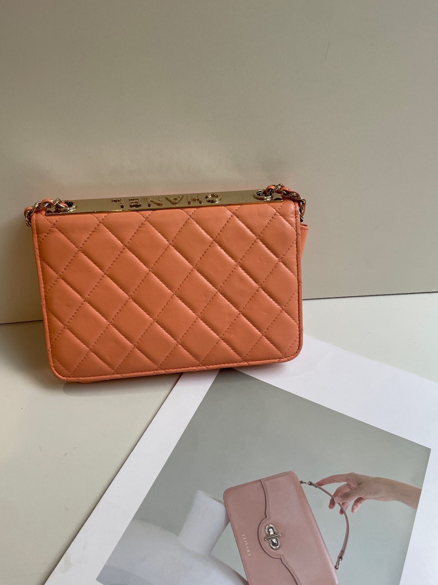 Chanel Orange Lambskin Lacquered Quilted Trendy CC Wallet Chain Bag