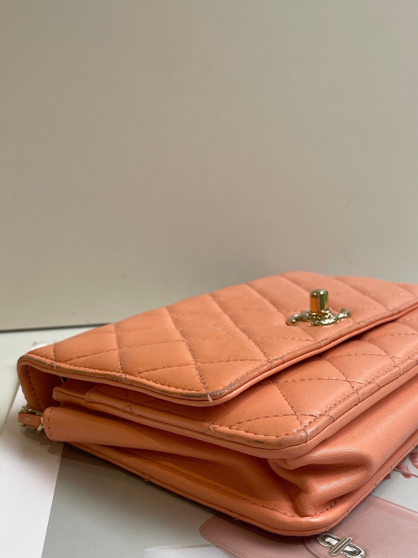 Chanel Orange Lambskin Lacquered Quilted Trendy CC Wallet Chain Bag