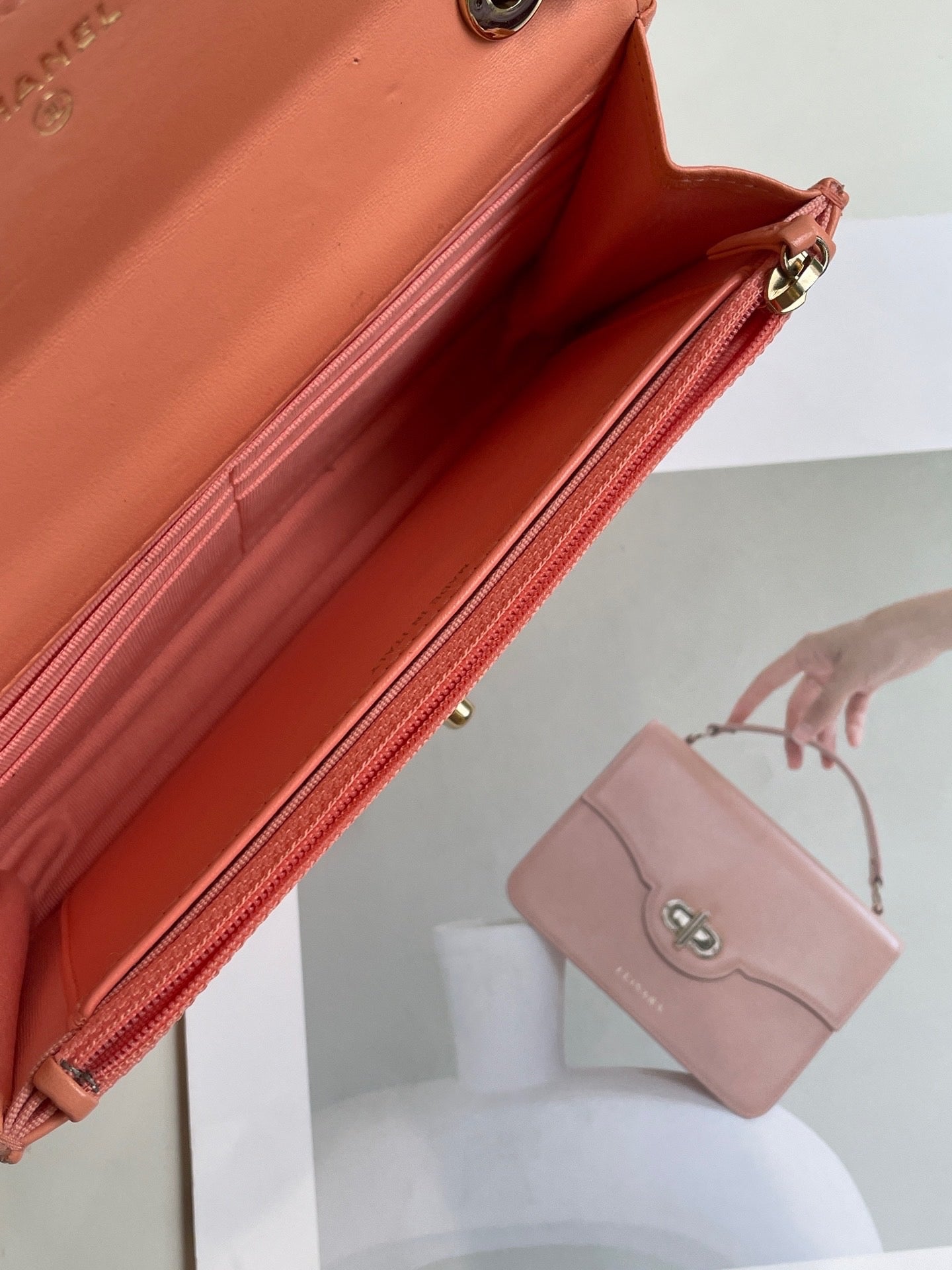 Chanel Orange Lambskin Lacquered Quilted Trendy CC Wallet Chain Bag