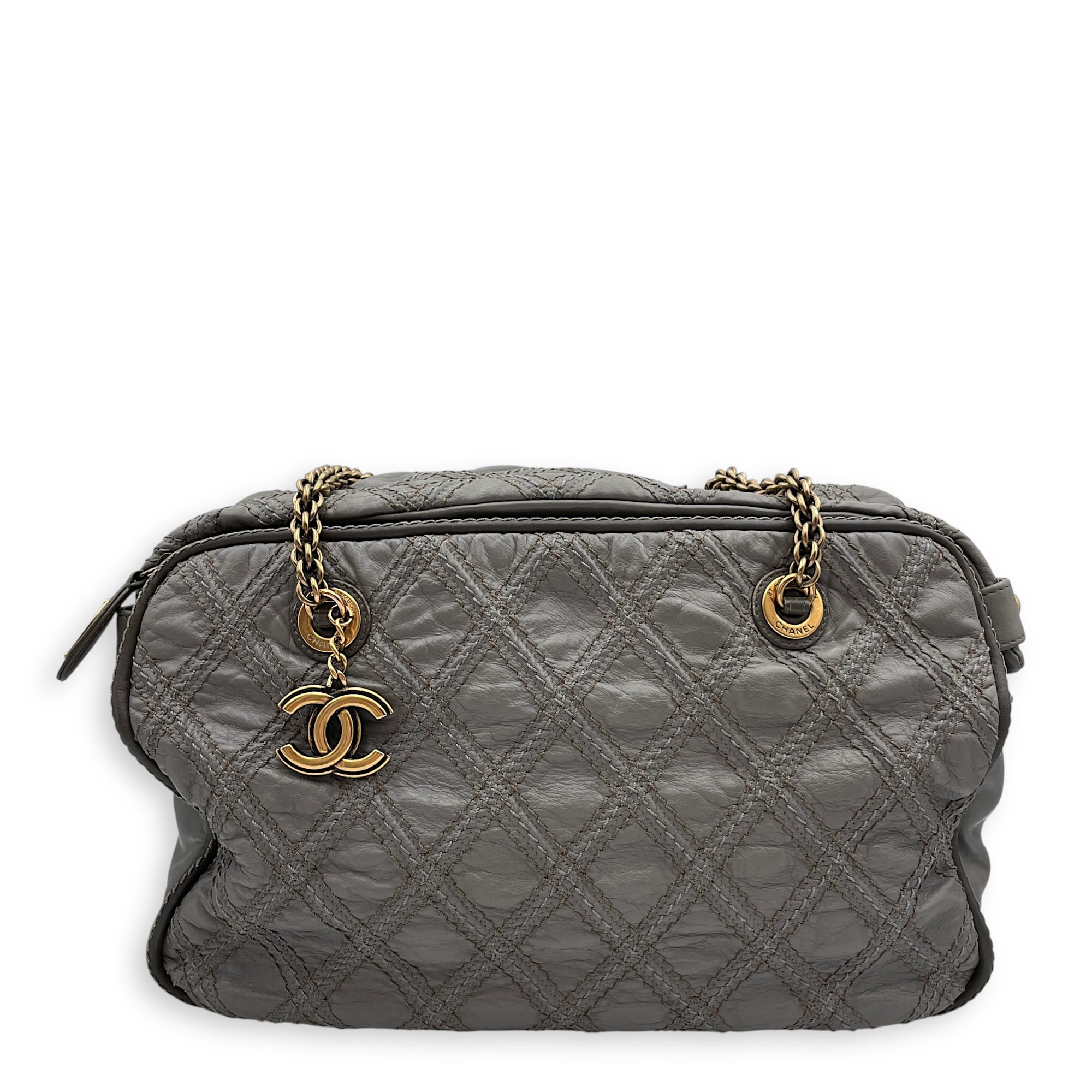 Quilted Stitches Triptych Grey Tote Bag in Calfskin, Gold hardware