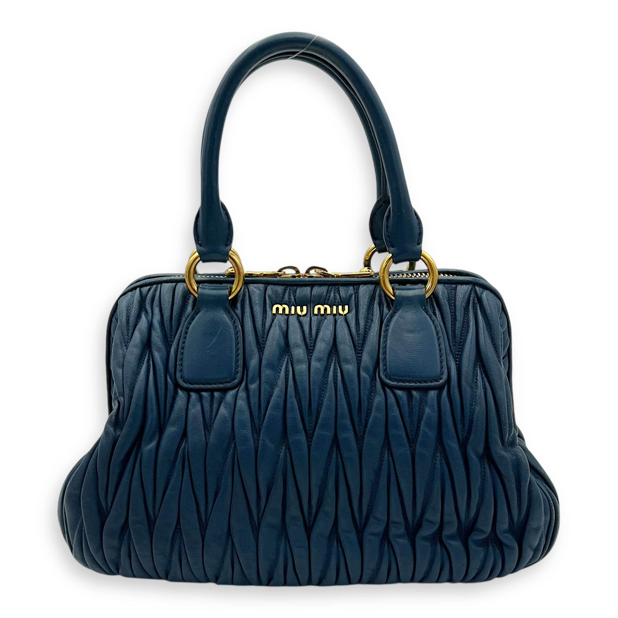 Gaufre Top Handle Bag Blue in Calfskin, Gold hardware