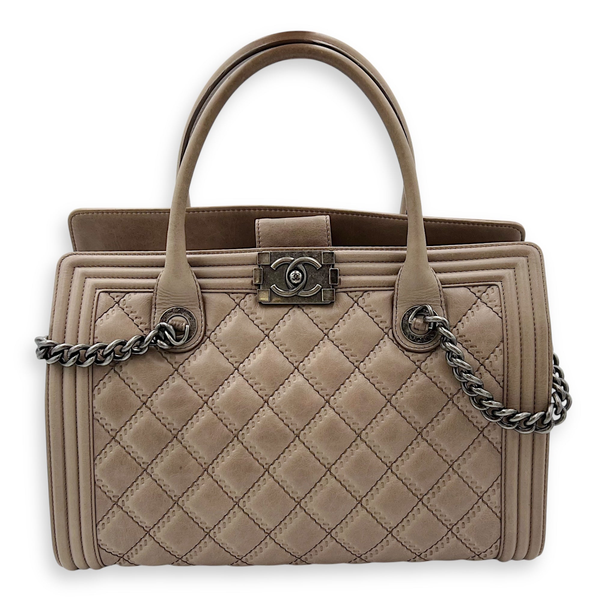 Boy Top Handle Bag Beige in Calfskin, Gunmetal hardware