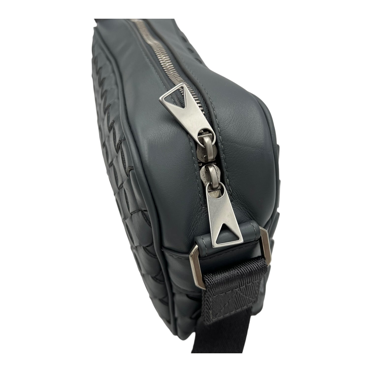 Intrecciato Crossbody Bag Grey in Calfskin, Silver hardware