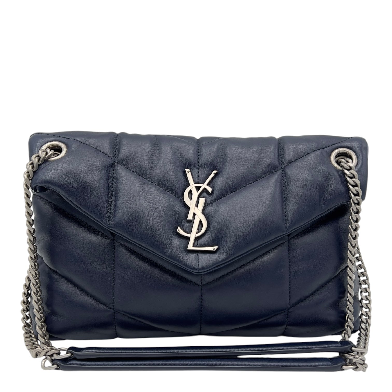 Puffer Medium Blue Shoulder Bag in Lambskin, Silver hardware