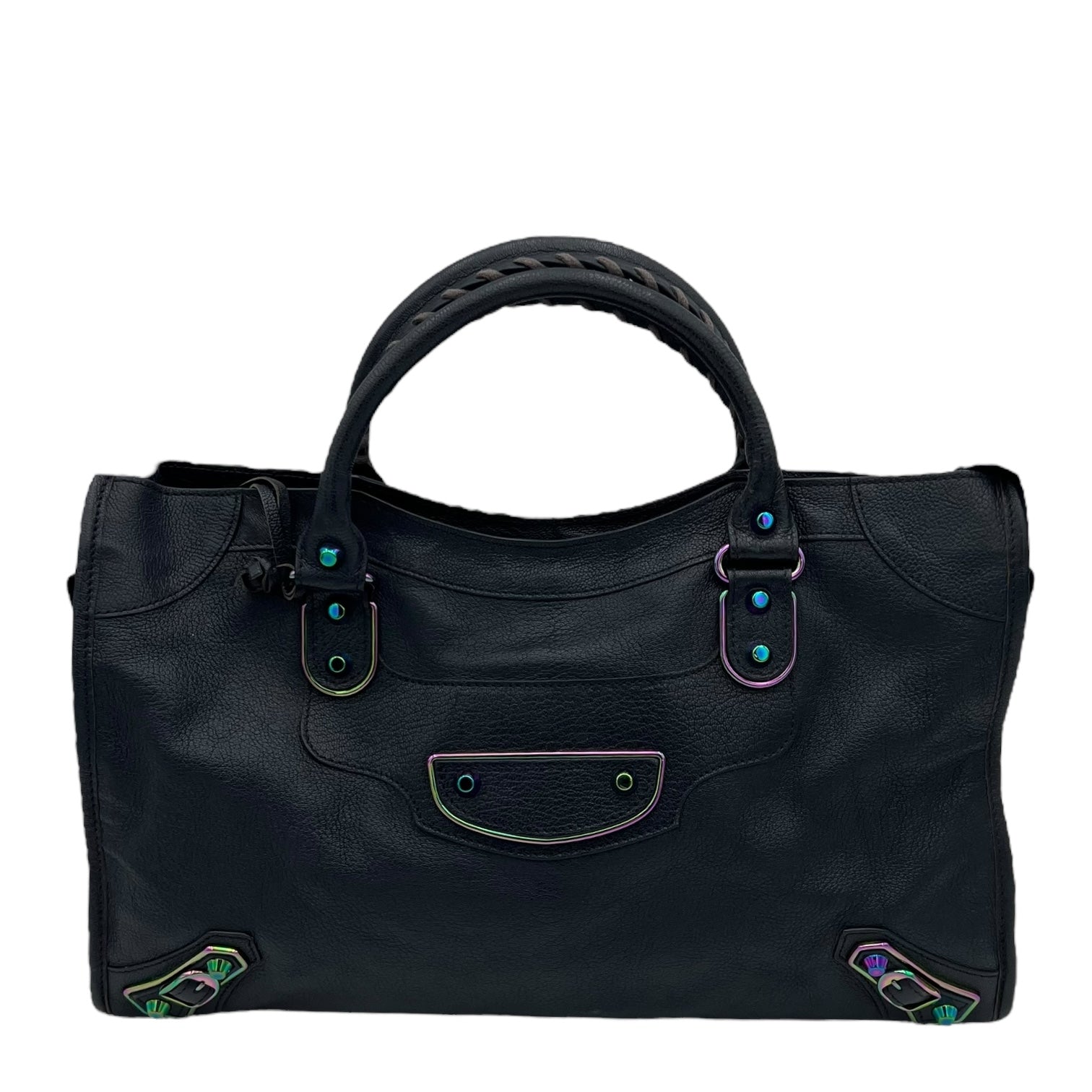 Metallic Edge Medium Blue Top Handle Bag in Goat Leather, Iridescent hardware