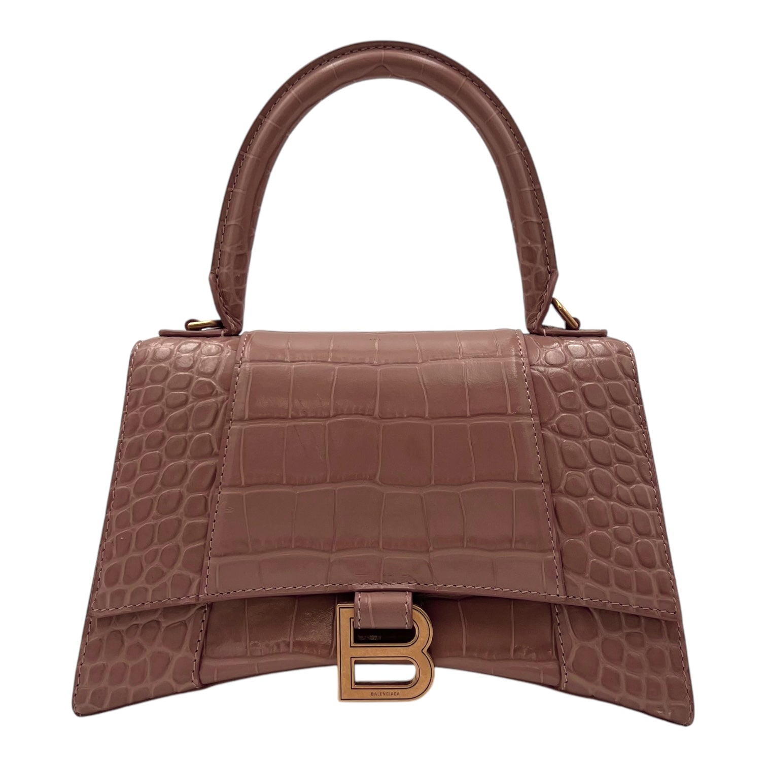 Hourglass Top Handle Bag Beige in Crocodile Embossed Calfskin, Silver hardware